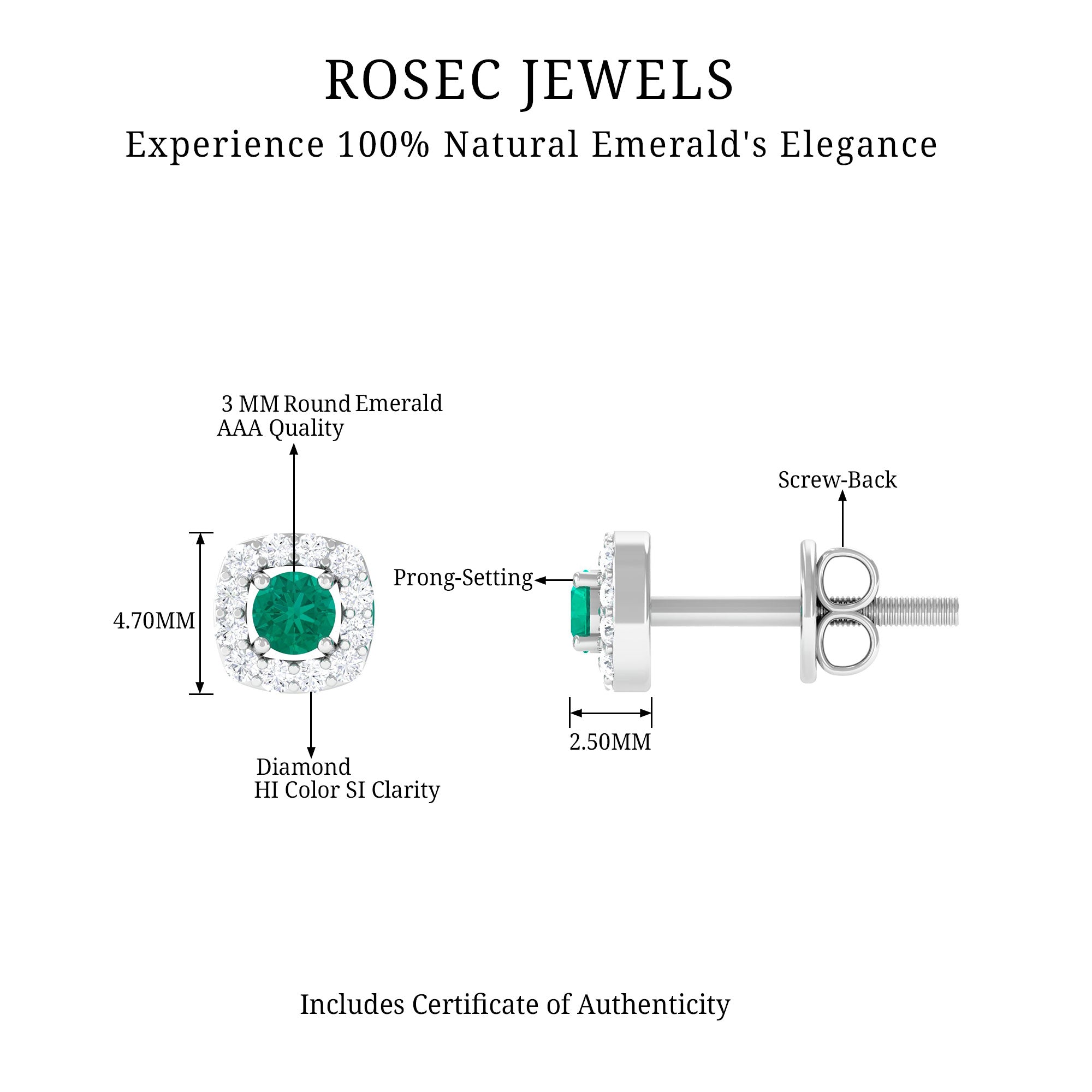 Minimalist Emerald and Diamond Halo Stud Earrings AAA - Rosec Jewels