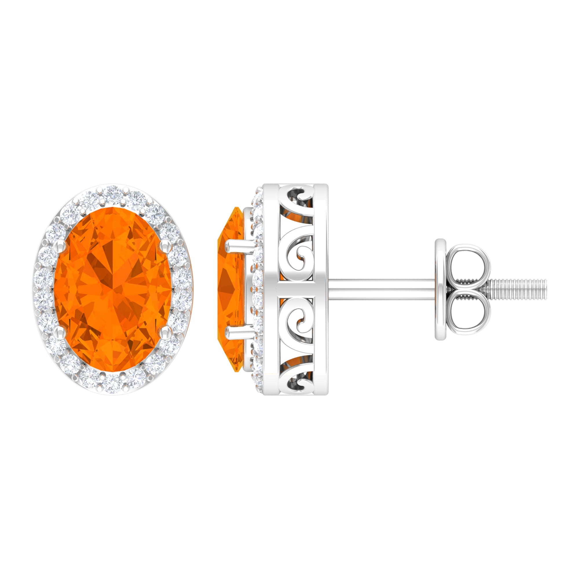 1.3 Carat Oval Cut Fire Opal and Diamond Halo Stud Earrings