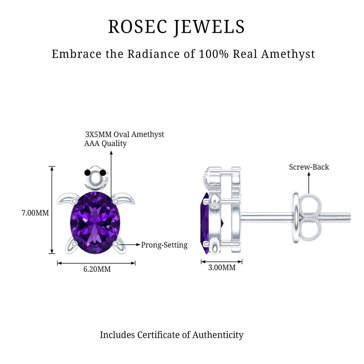 Natural Oval Amethyst Turtle Stud Earrings for Women AAA - Rosec Jewels