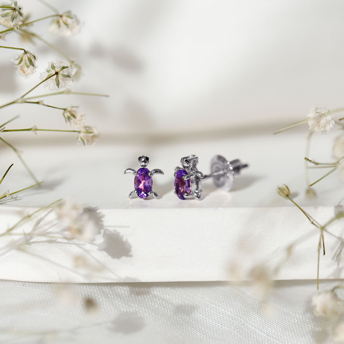 Natural Oval Amethyst Turtle Stud Earrings for Women AAA - Rosec Jewels