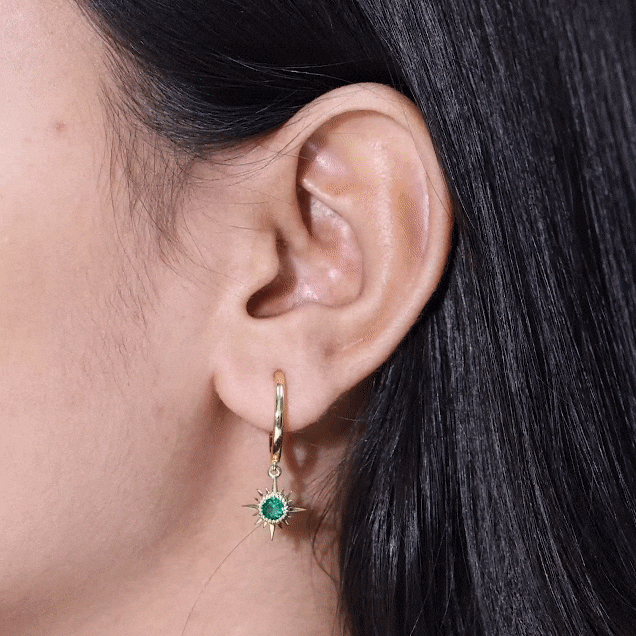 0.5 Carat Round Cut Lab Created Emerald Sunburst Hoop Earrings AAAA - Rosec Jewels