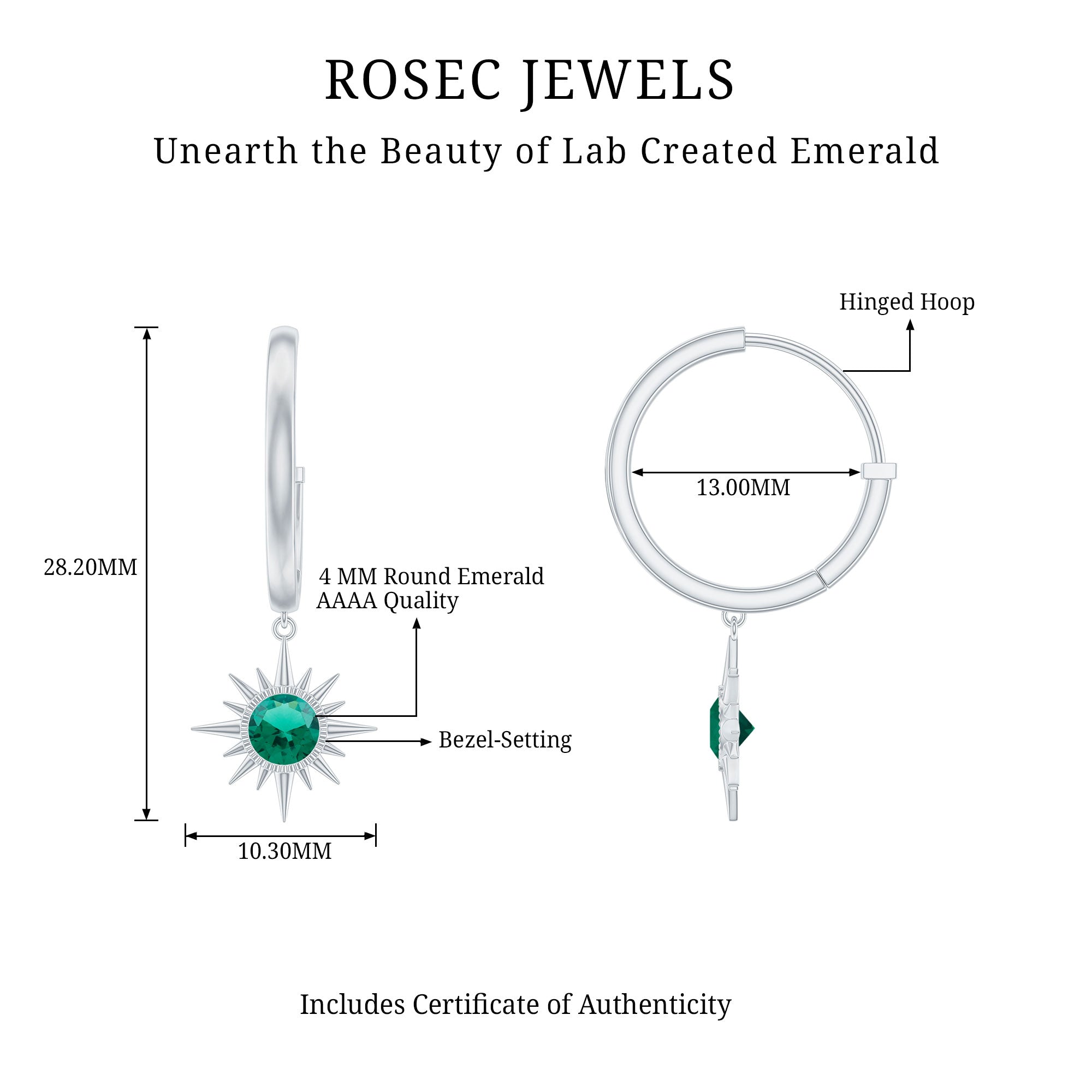 0.5 Carat Round Cut Lab Created Emerald Sunburst Hoop Earrings AAAA - Rosec Jewels