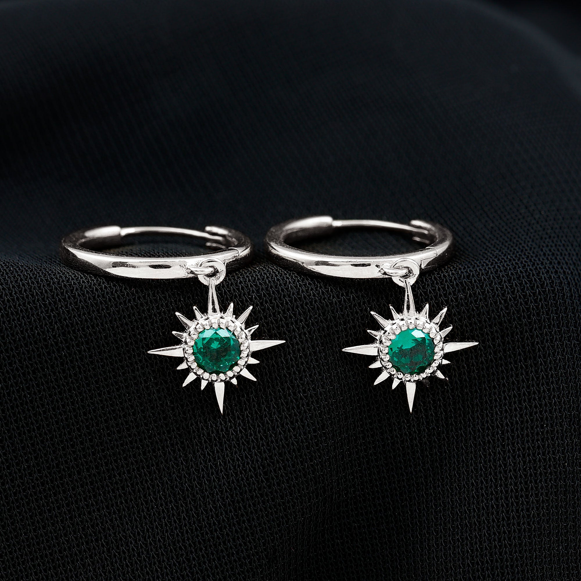0.5 Carat Round Cut Lab Created Emerald Sunburst Hoop Earrings AAAA - Rosec Jewels