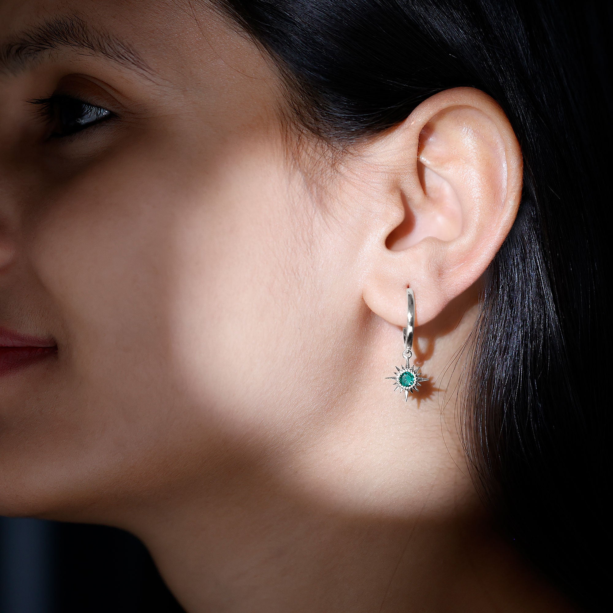 Round Cut Created Emerald Sunburst Hoop Drop Earrings Lab Created Emerald - ( AAAA ) - Quality - Rosec Jewels