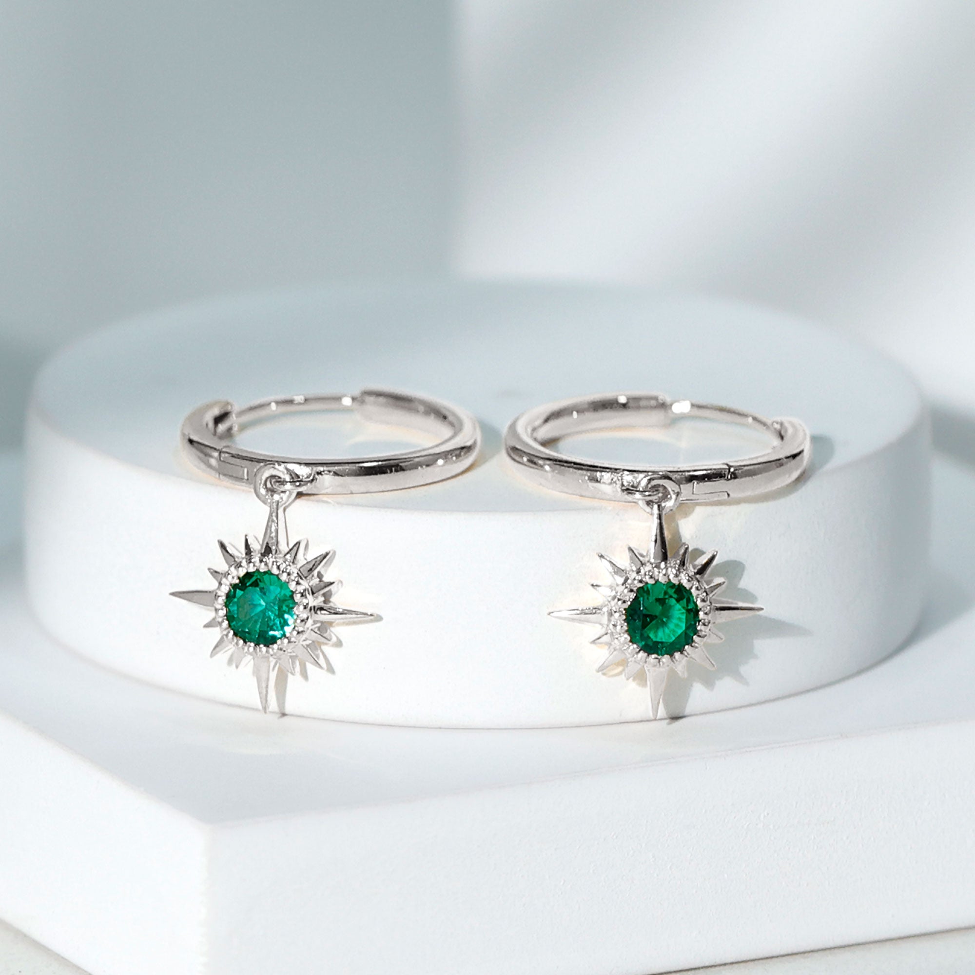 0.5 Carat Round Cut Lab Created Emerald Sunburst Hoop Earrings AAAA - Rosec Jewels