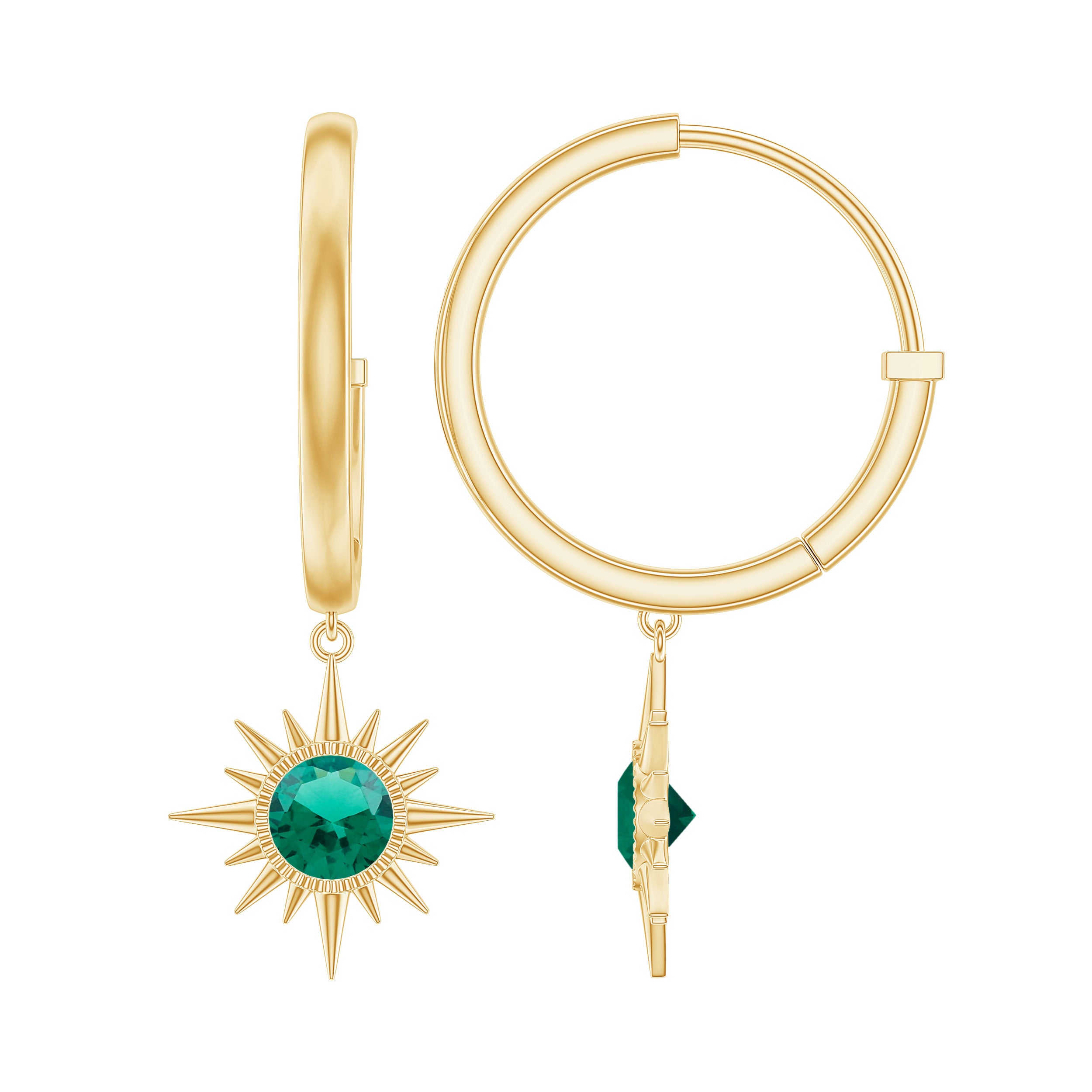 0.5 Carat Round Cut Lab Created Emerald Sunburst Hoop Earrings AAAA - Rosec Jewels