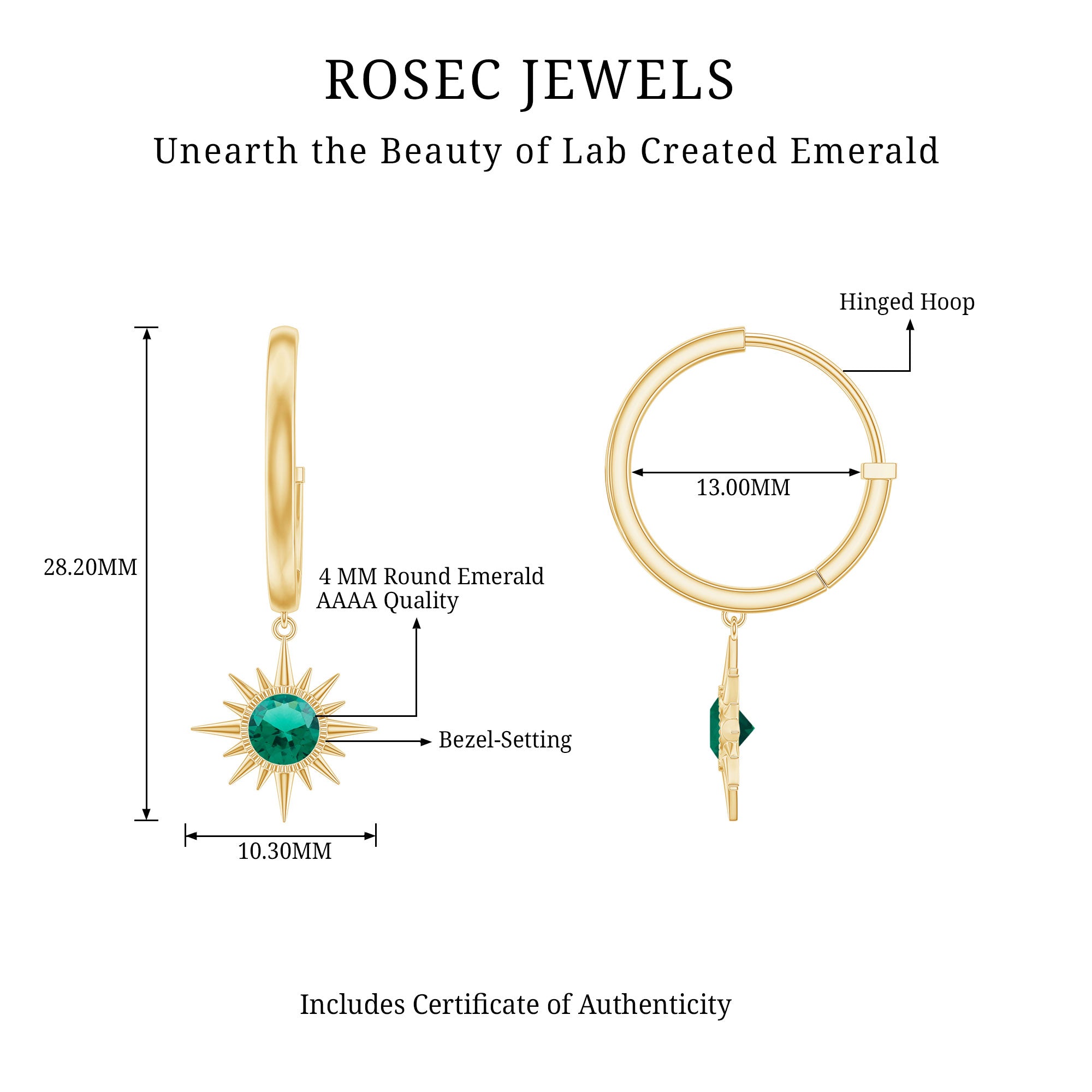 0.5 Carat Round Cut Lab Created Emerald Sunburst Hoop Earrings AAAA - Rosec Jewels