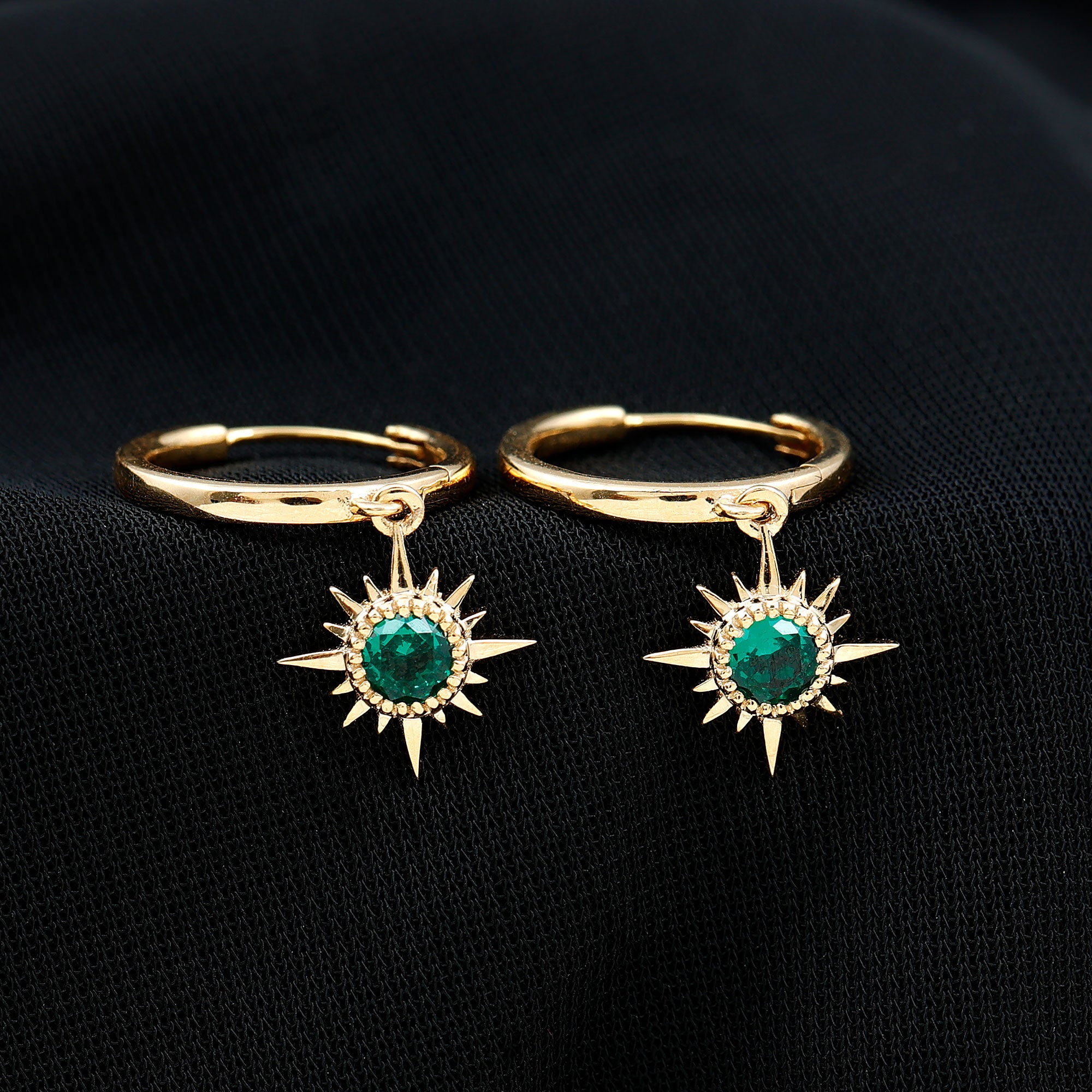 0.5 Carat Round Cut Lab Created Emerald Sunburst Hoop Earrings AAAA - Rosec Jewels