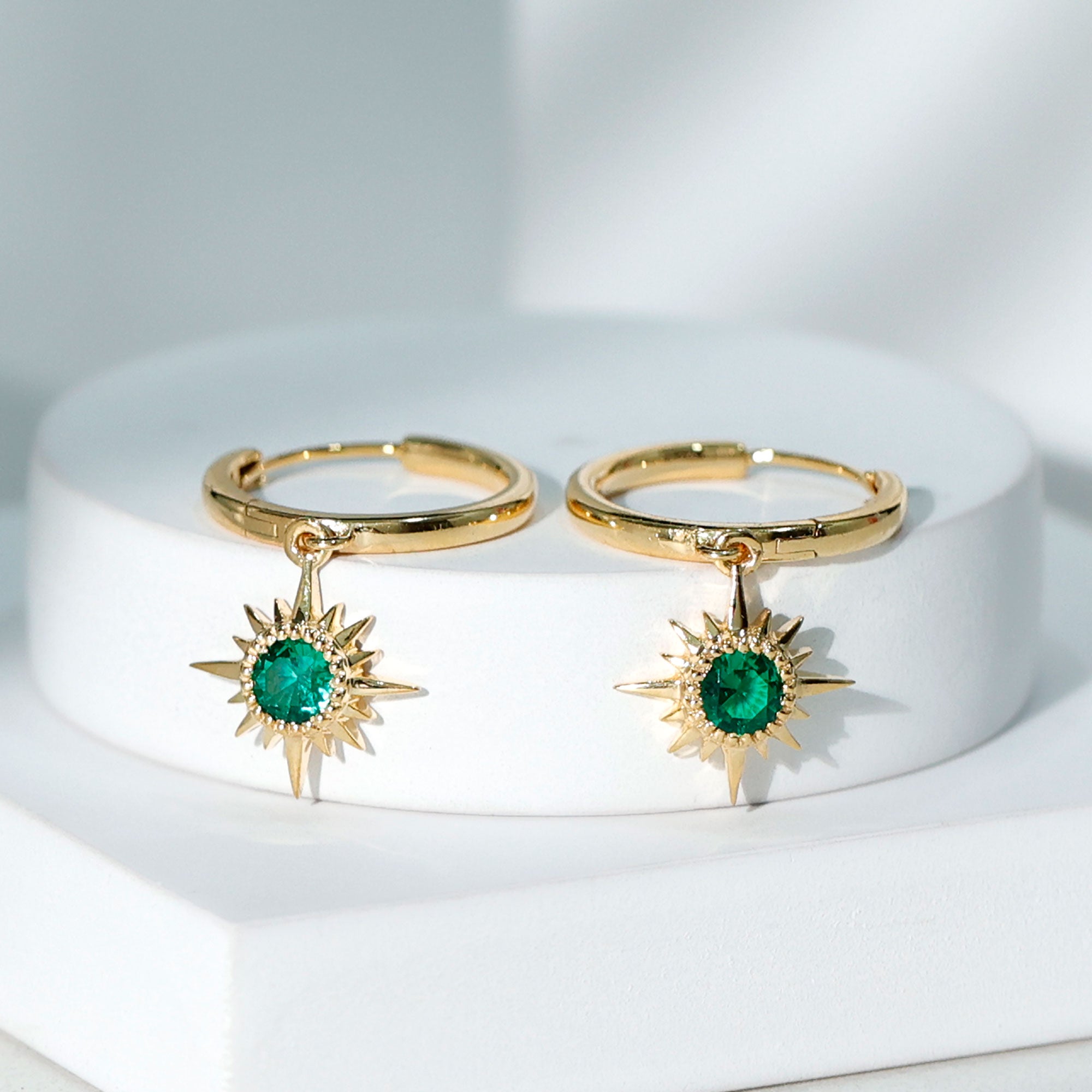 0.5 Carat Round Cut Lab Created Emerald Sunburst Hoop Earrings AAAA - Rosec Jewels