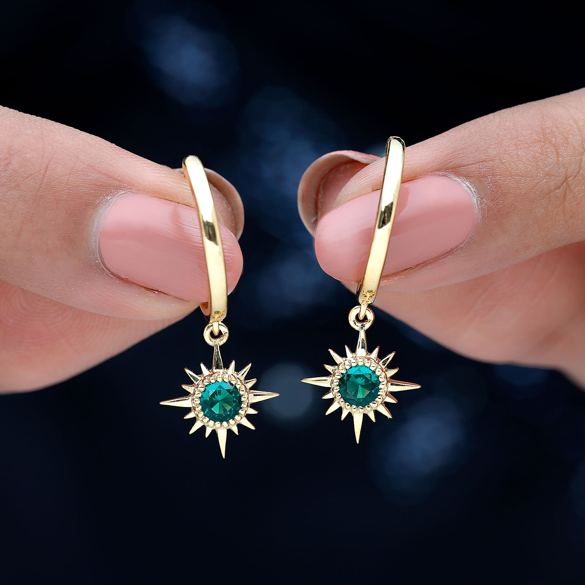 0.5 Carat Round Cut Lab Created Emerald Sunburst Hoop Earrings AAAA - Rosec Jewels