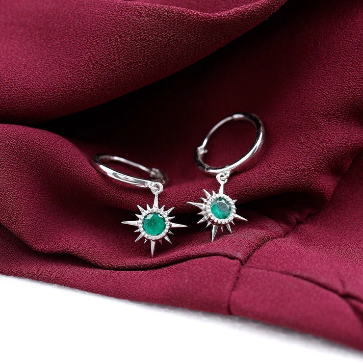 Real Emerald Sunburst Hoop Drop Earrings with Certificate AAA - Rosec Jewels