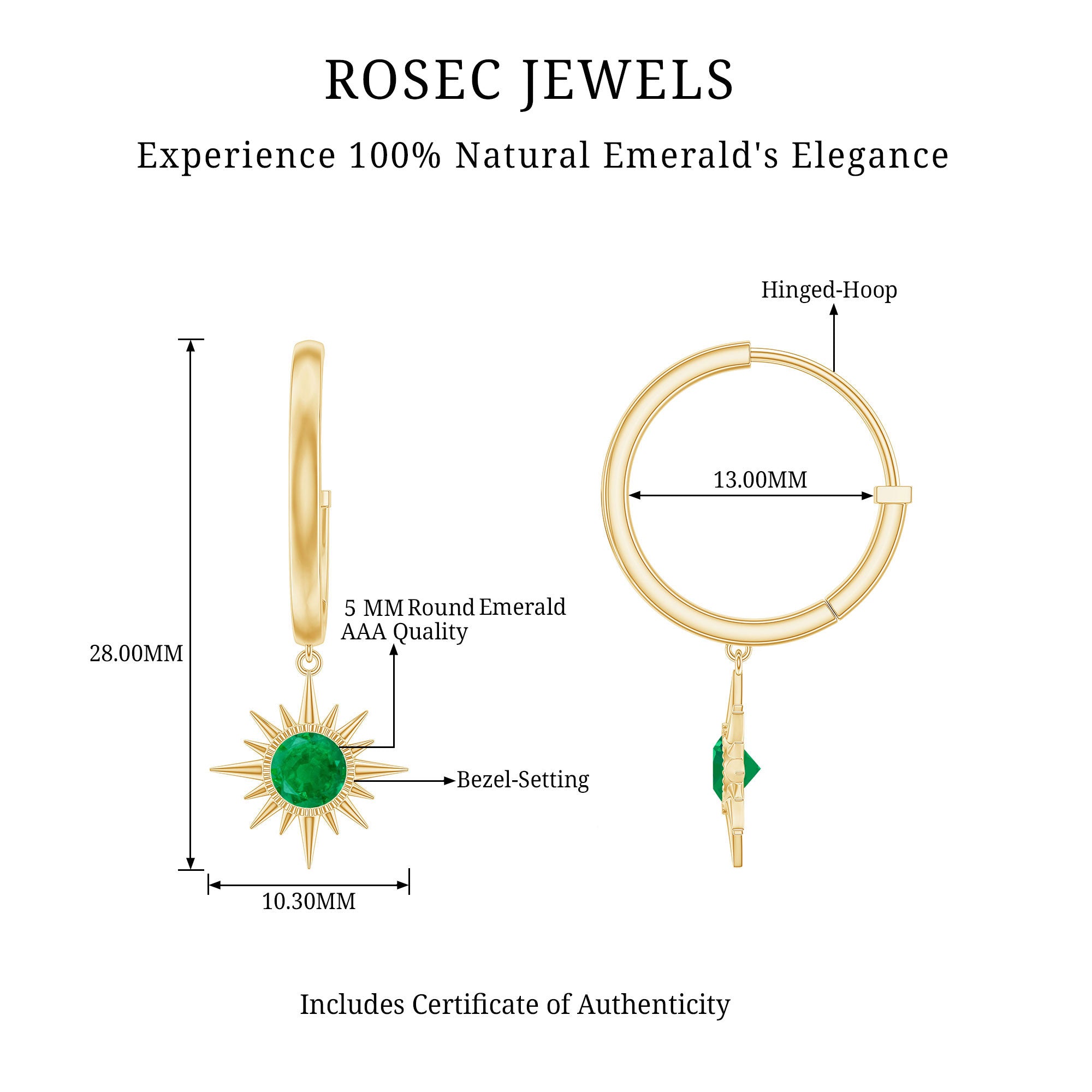 Real Emerald Sunburst Hoop Drop Earrings with Certificate AAA - Rosec Jewels