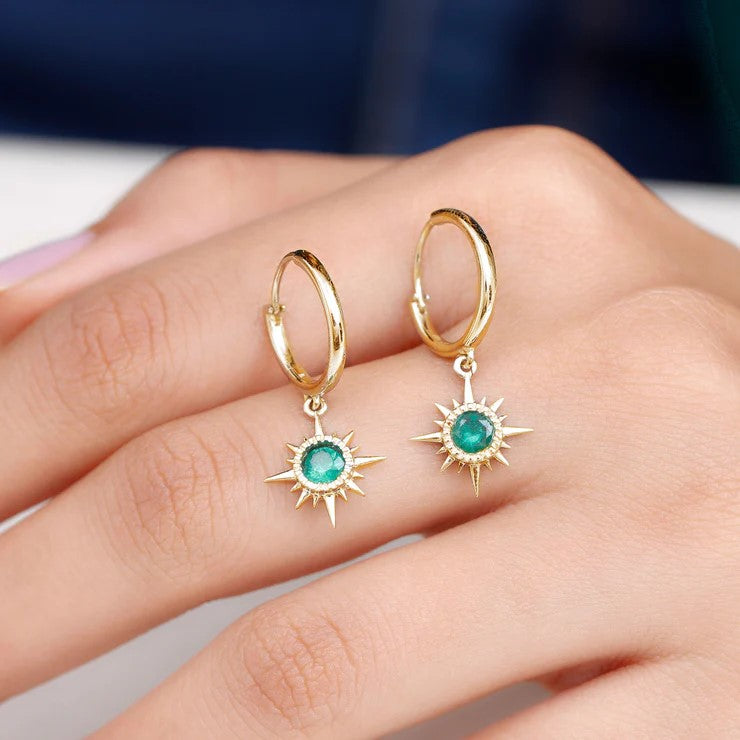 Real Emerald Sunburst Hoop Drop Earrings with Certificate AAA - Rosec Jewels