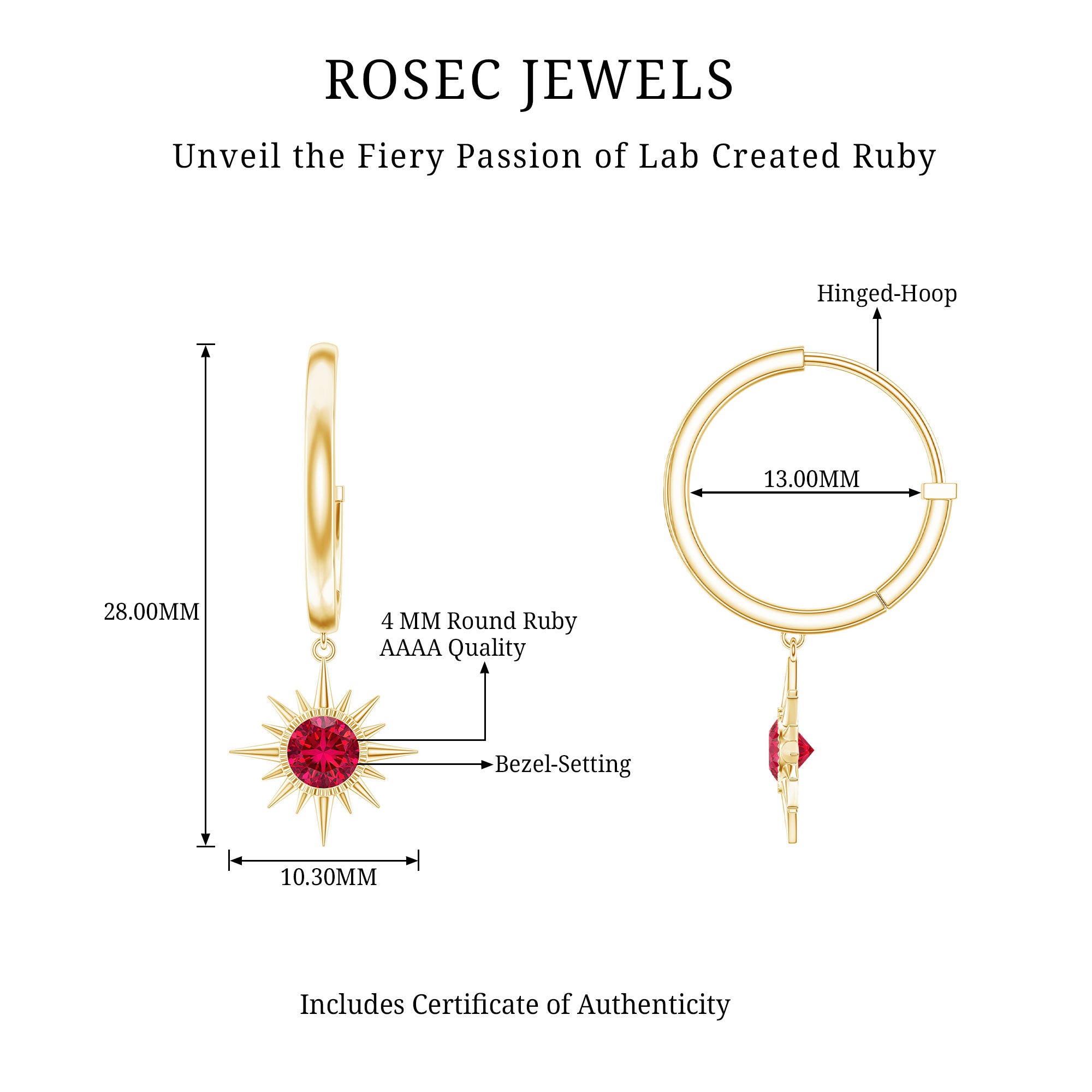 Lab Created Ruby Hoop Drop Earrings With Certificate AAAA - Rosec Jewels