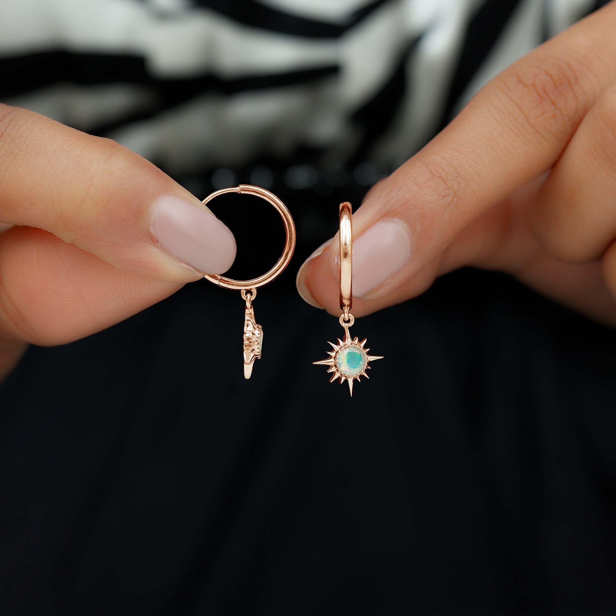 4 MM Round Shape Ethiopian Opal and Gold Sunburst Hoop Drop Earrings For Women Ethiopian Opal - ( AAA ) - Quality - Rosec Jewels