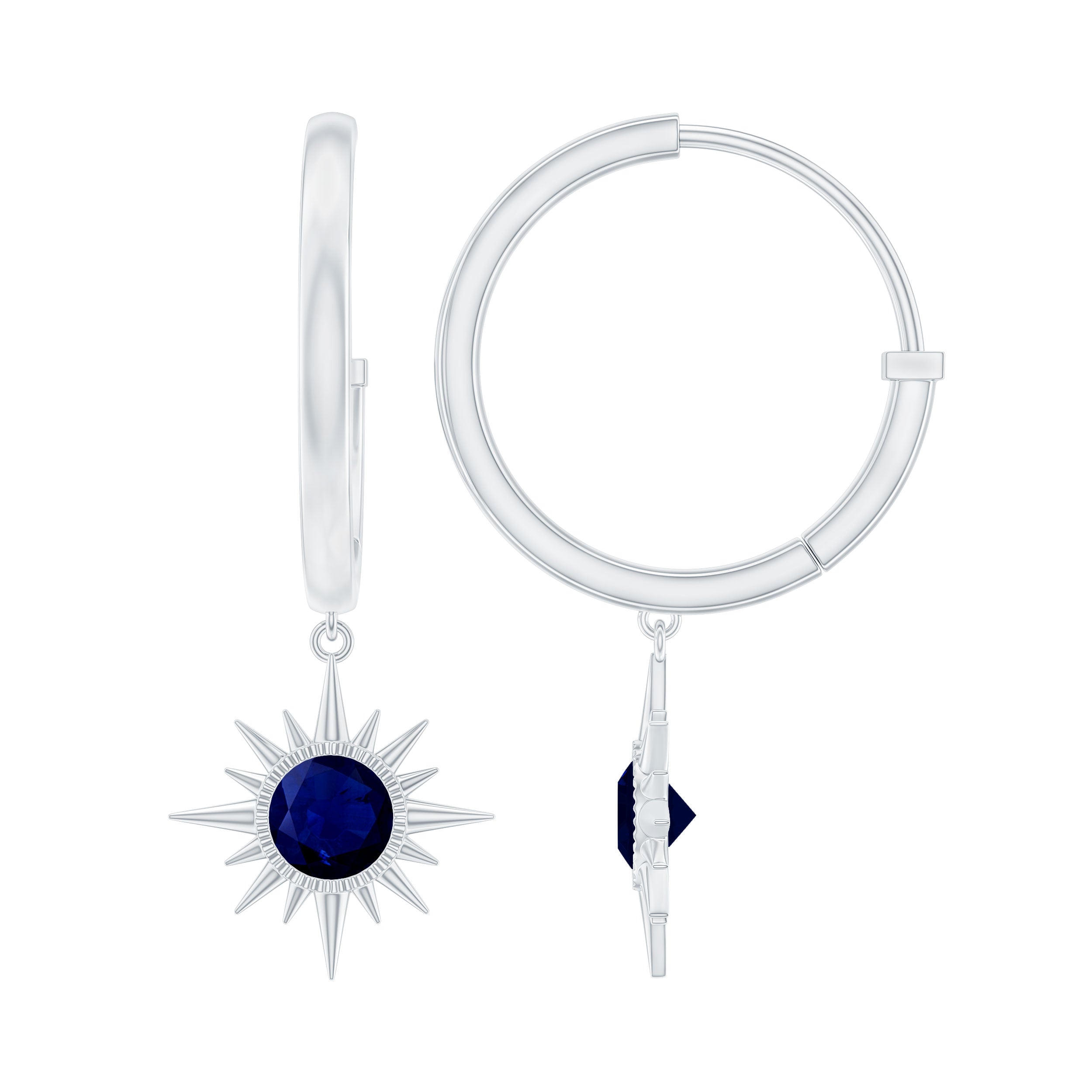 Bezel Set Blue Sapphire Sunburst Drop Hoop Earrings AAA - Rosec Jewels