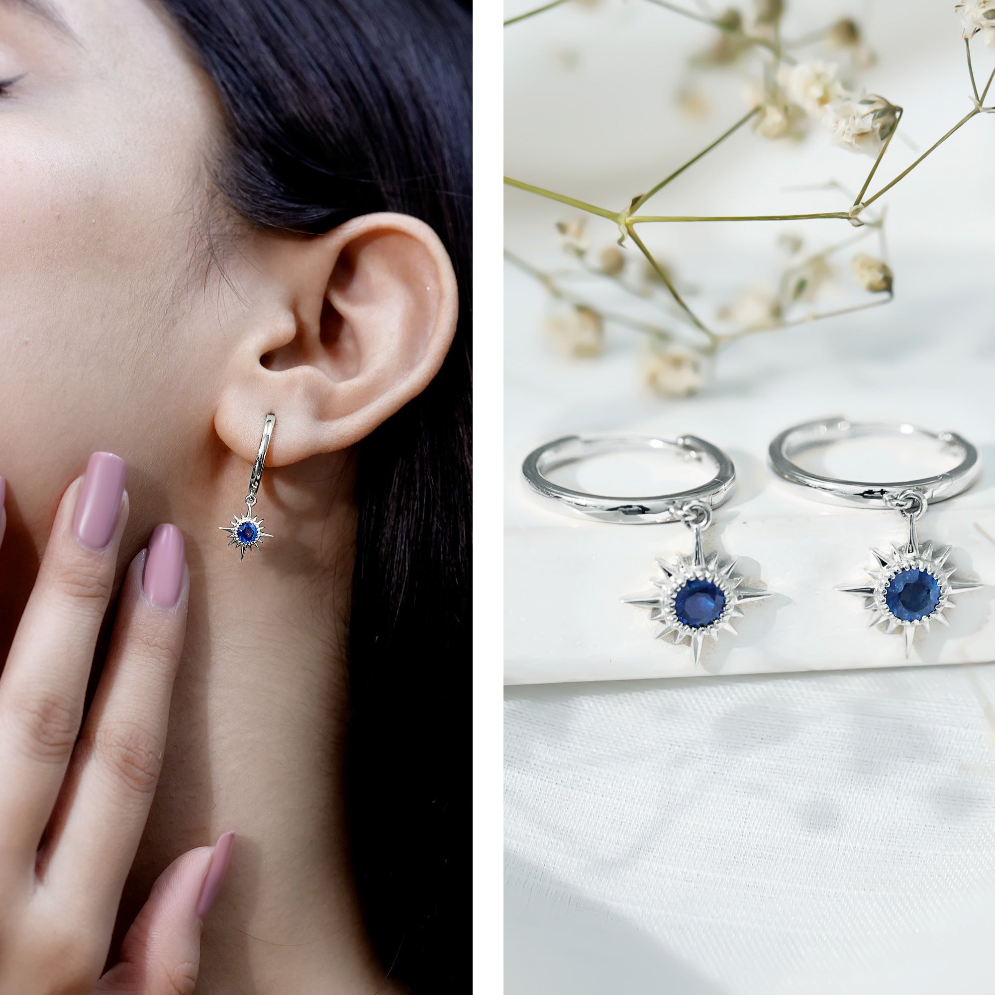 Bezel Set Blue Sapphire Sunburst Drop Hoop Earrings AAA - Rosec Jewels