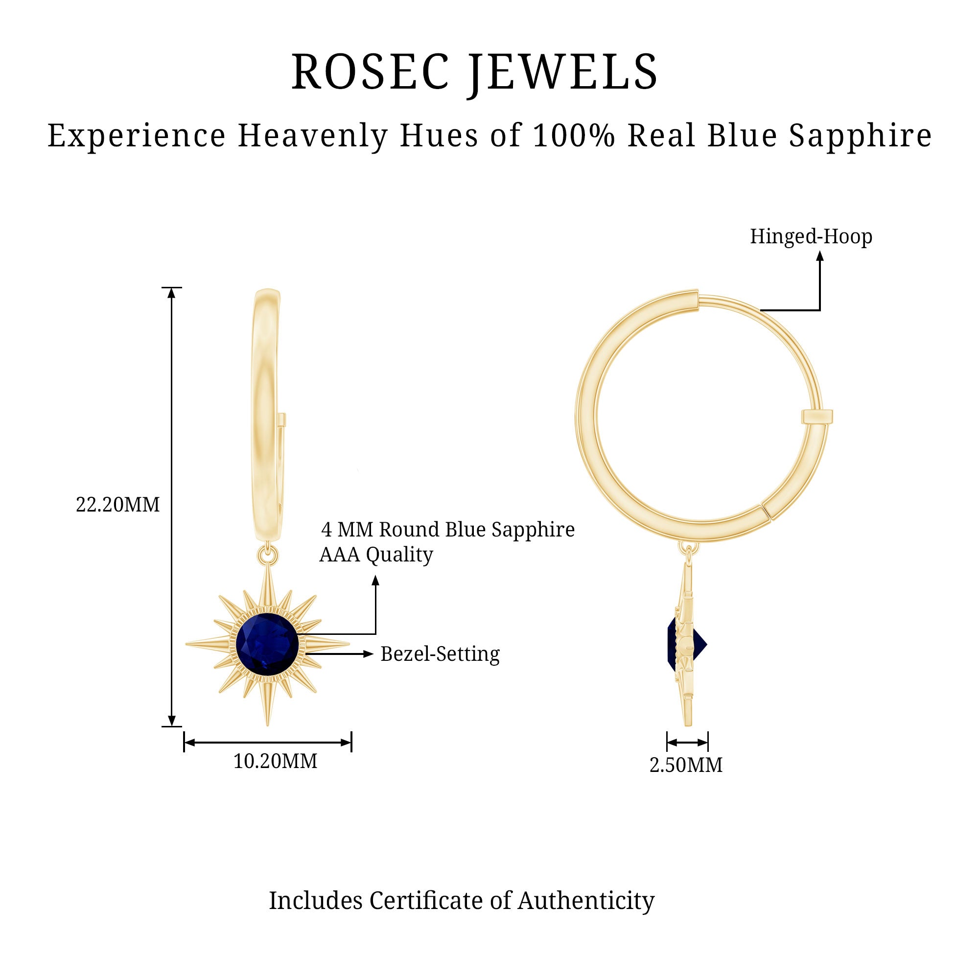Bezel Set Blue Sapphire Sunburst Drop Hoop Earrings AAA - Rosec Jewels