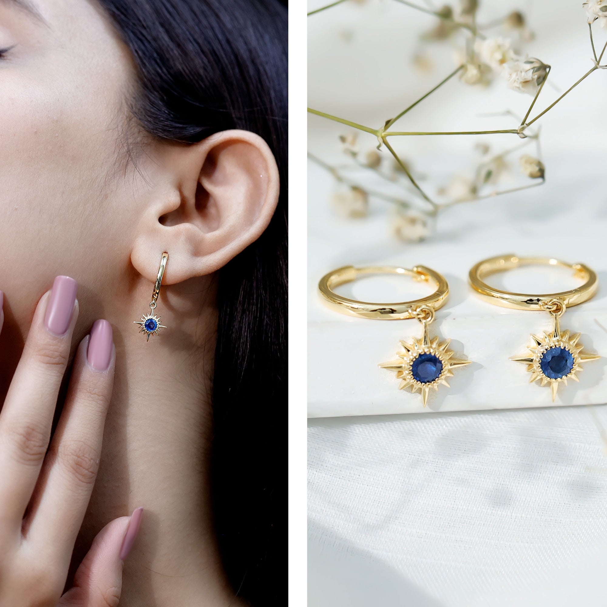 Bezel Set Blue Sapphire Sunburst Drop Hoop Earrings AAA - Rosec Jewels