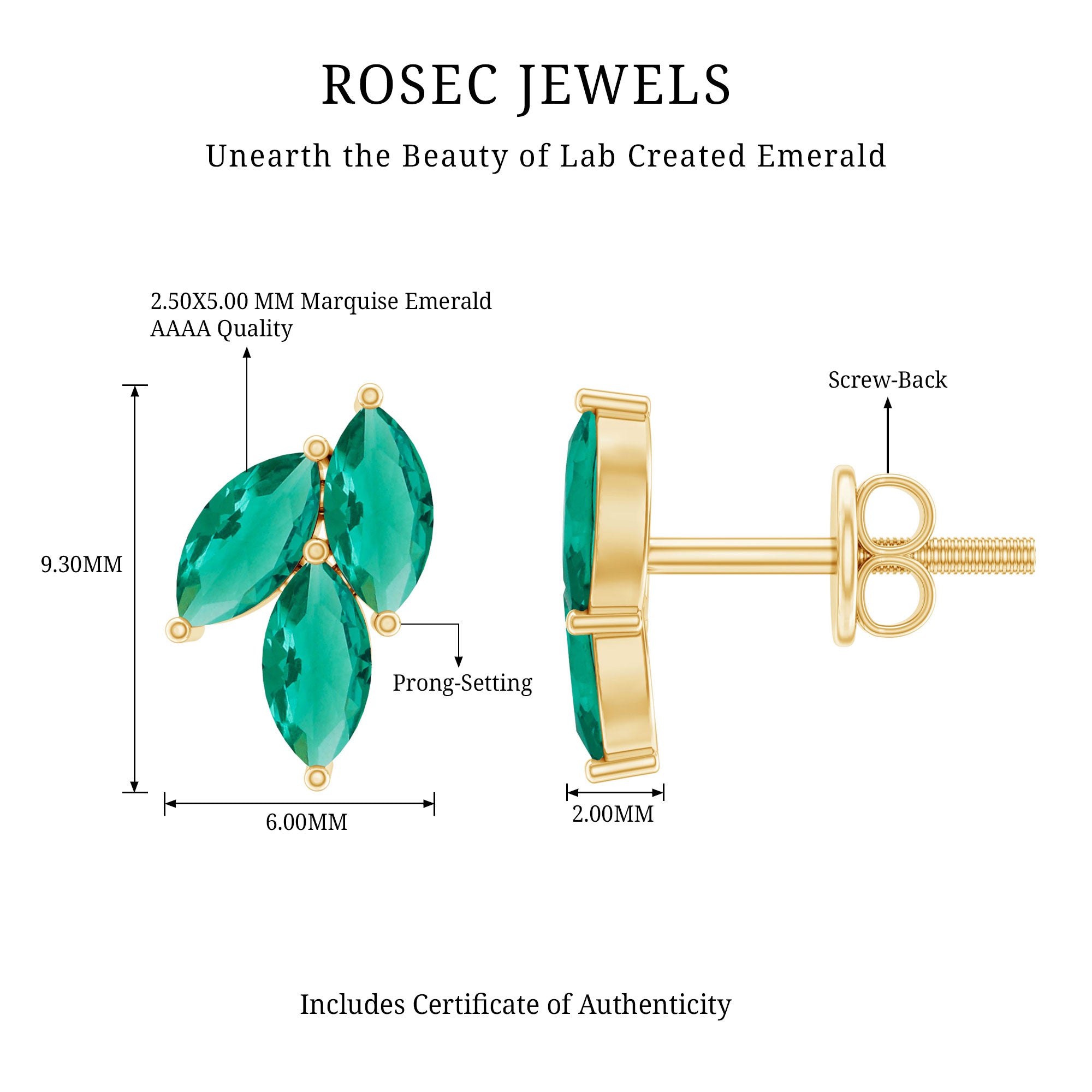 Nature Inspired Lab Created Emerald Stud Earrings in Silver AAAA 14K Yellow Gold Plated Silver - Rosec Jewels