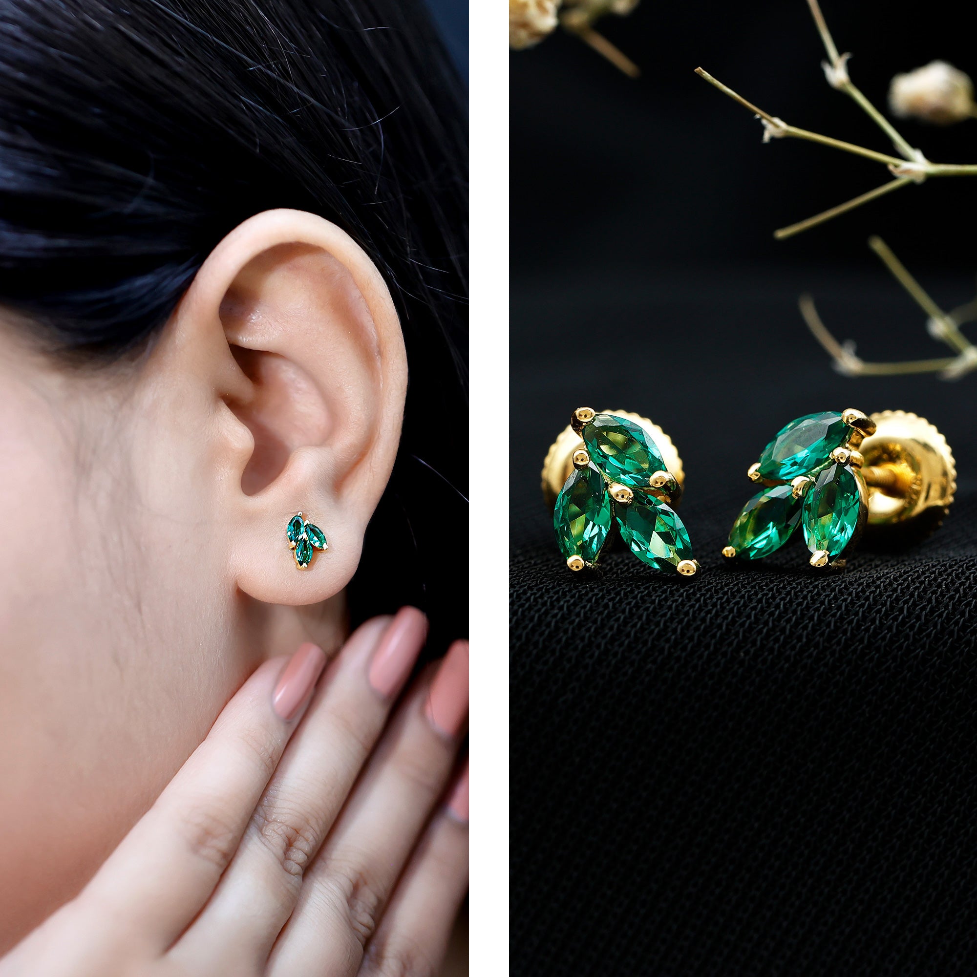 Nature Inspired Lab Created Emerald Stud Earrings in Silver AAAA 14K Yellow Gold Plated Silver - Rosec Jewels