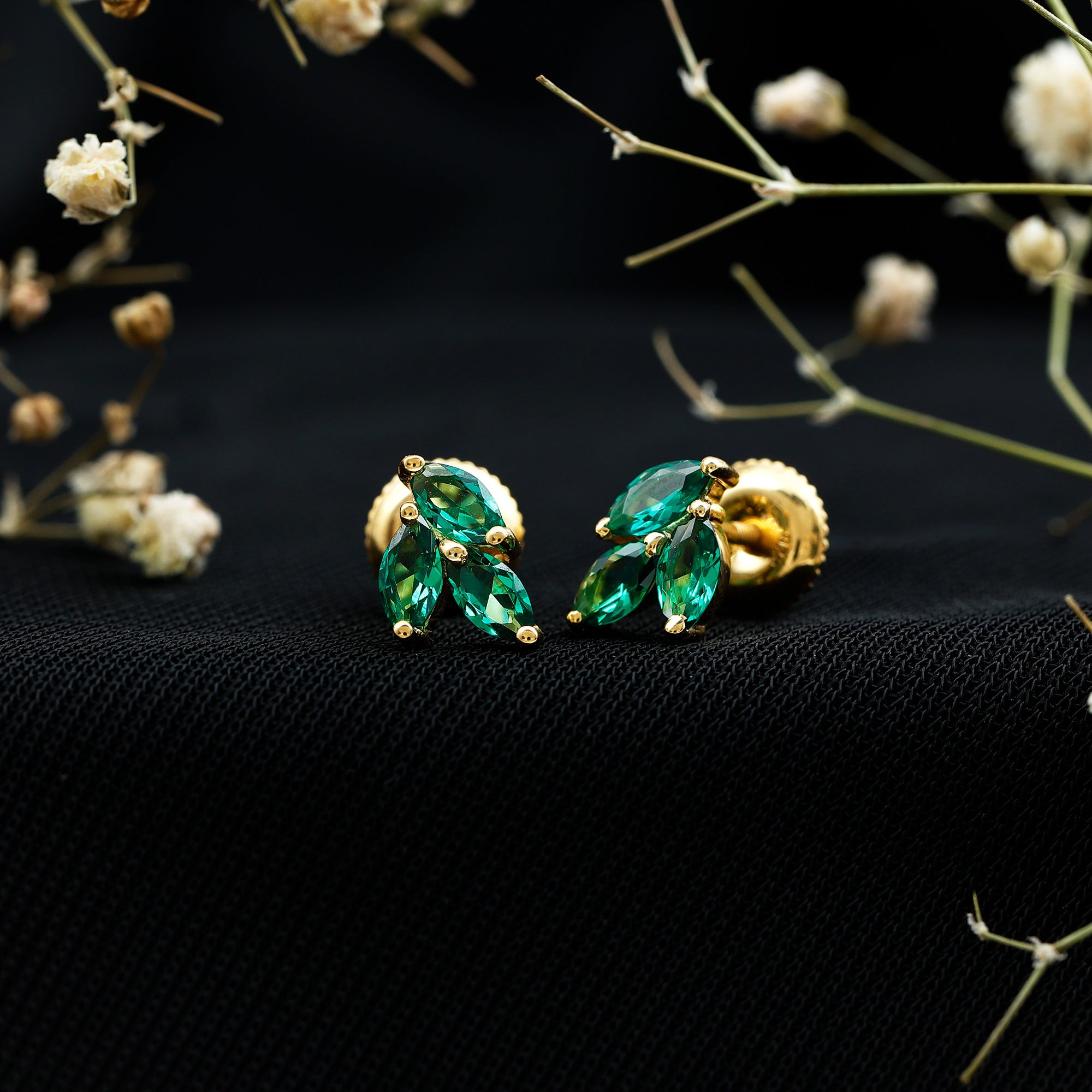 Nature Inspired Lab Created Emerald Stud Earrings in Silver AAAA 14K Yellow Gold Plated Silver - Rosec Jewels