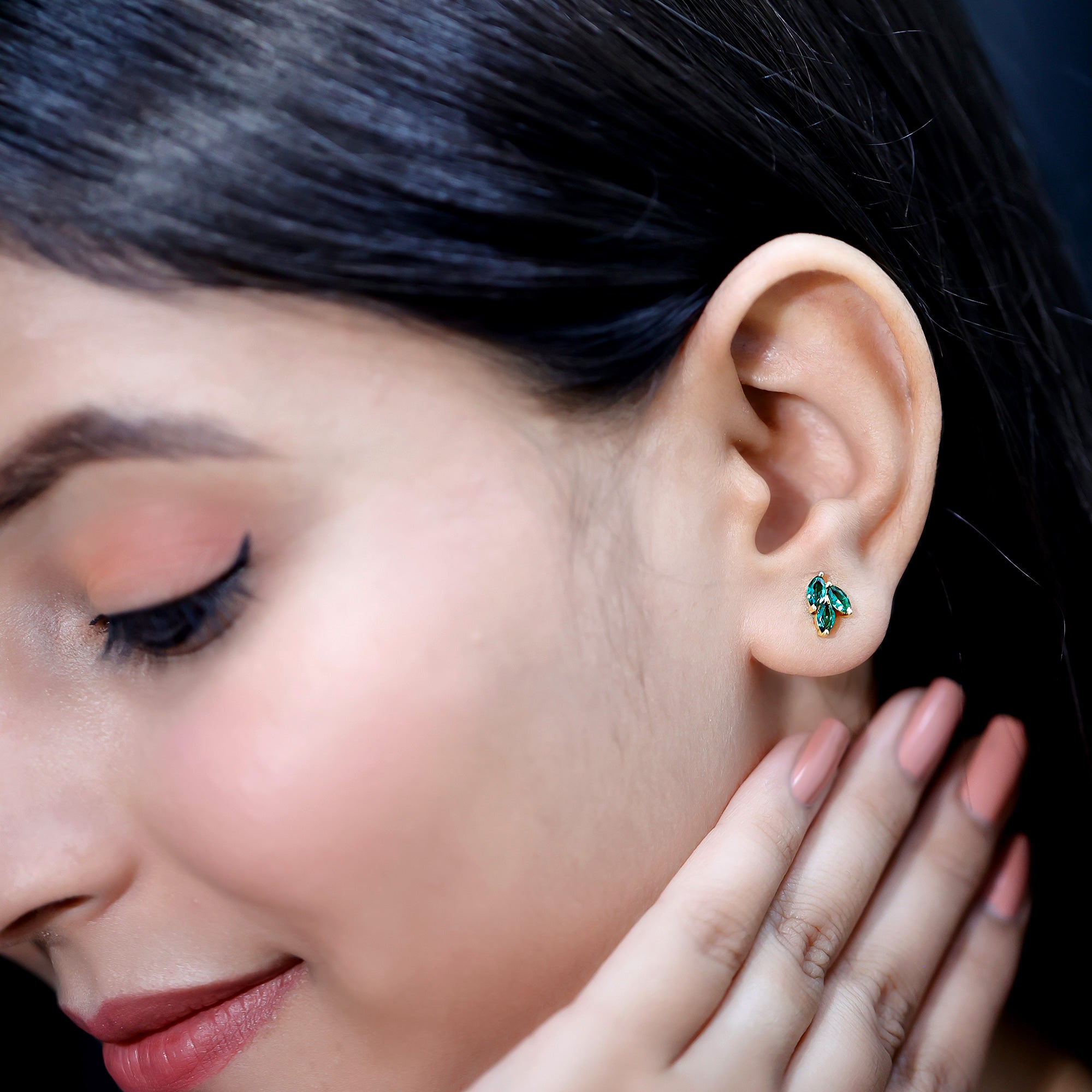 Nature Inspired Lab Created Emerald Stud Earrings in Silver AAAA 14K Yellow Gold Plated Silver - Rosec Jewels