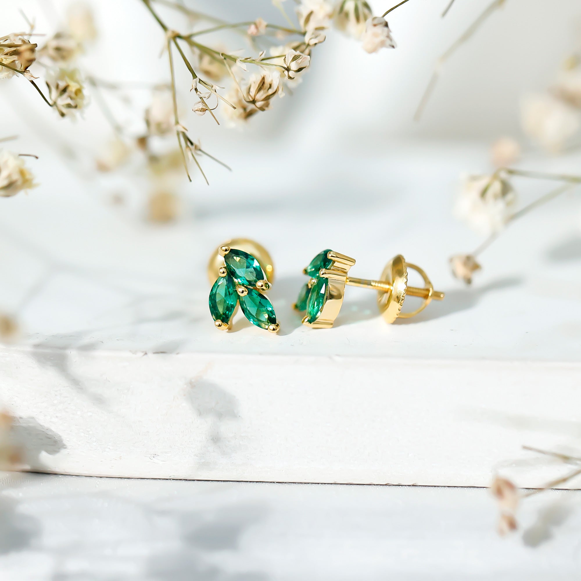 Nature Inspired Lab Created Emerald Stud Earrings in Silver AAAA 14K Yellow Gold Plated Silver - Rosec Jewels