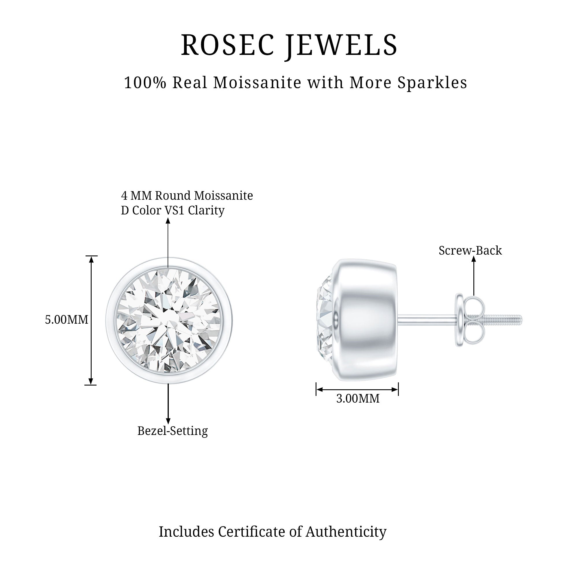 Certified Moissanite Solitaire Stud Earrings in Bezel Setting D-VS1 - Rosec Jewels