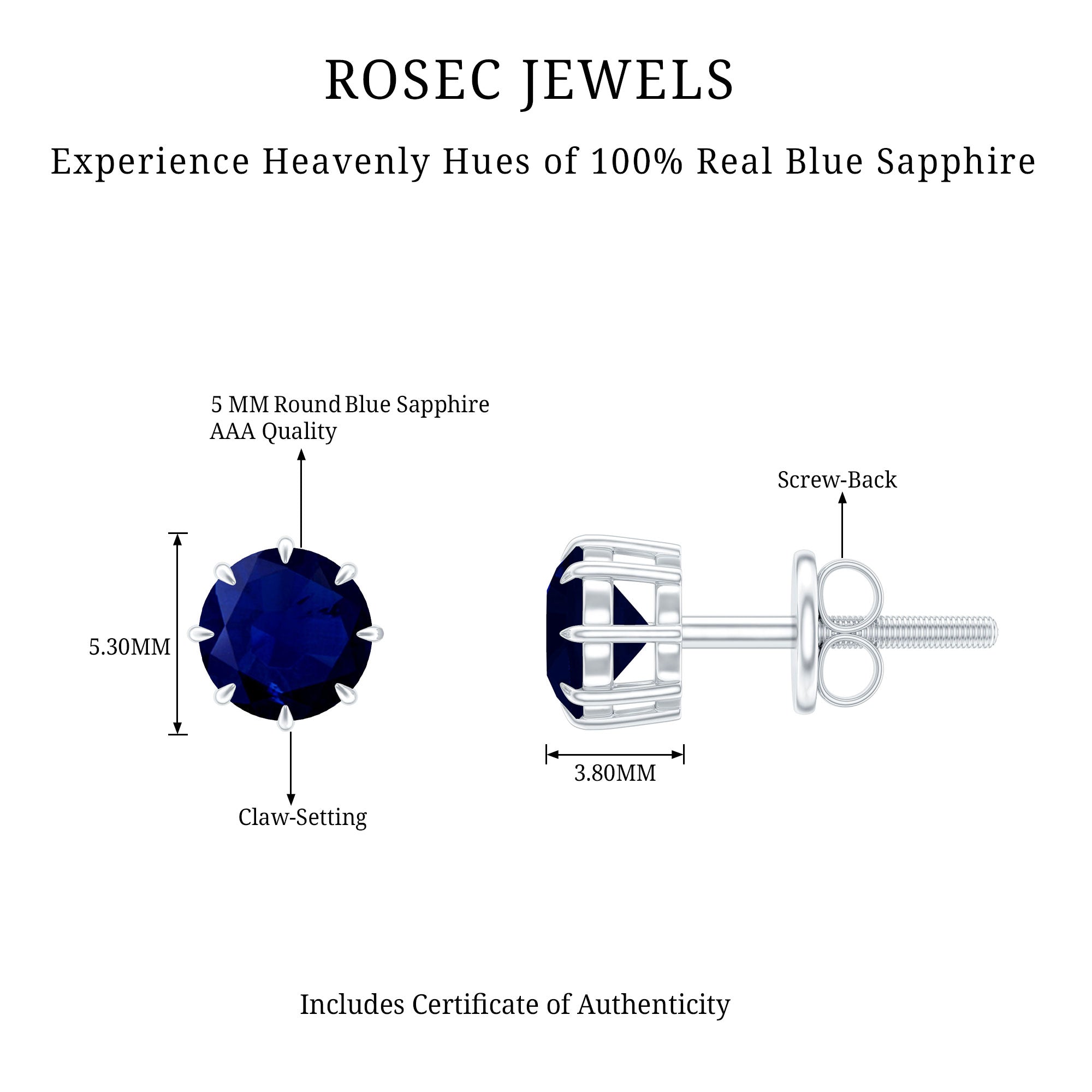 Natural 1.9 Carat Blue Sapphire Solitaire Stud Earrings AAA - Rosec Jewels
