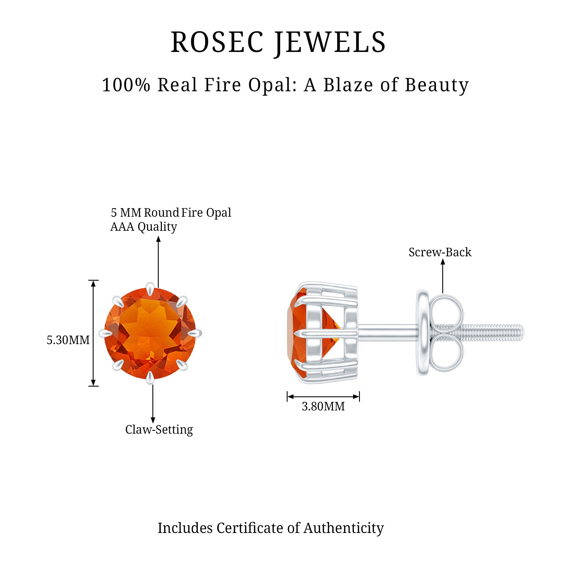 Natural Fire Opal Solitaire Stud Earrings for Women AAA - Rosec Jewels