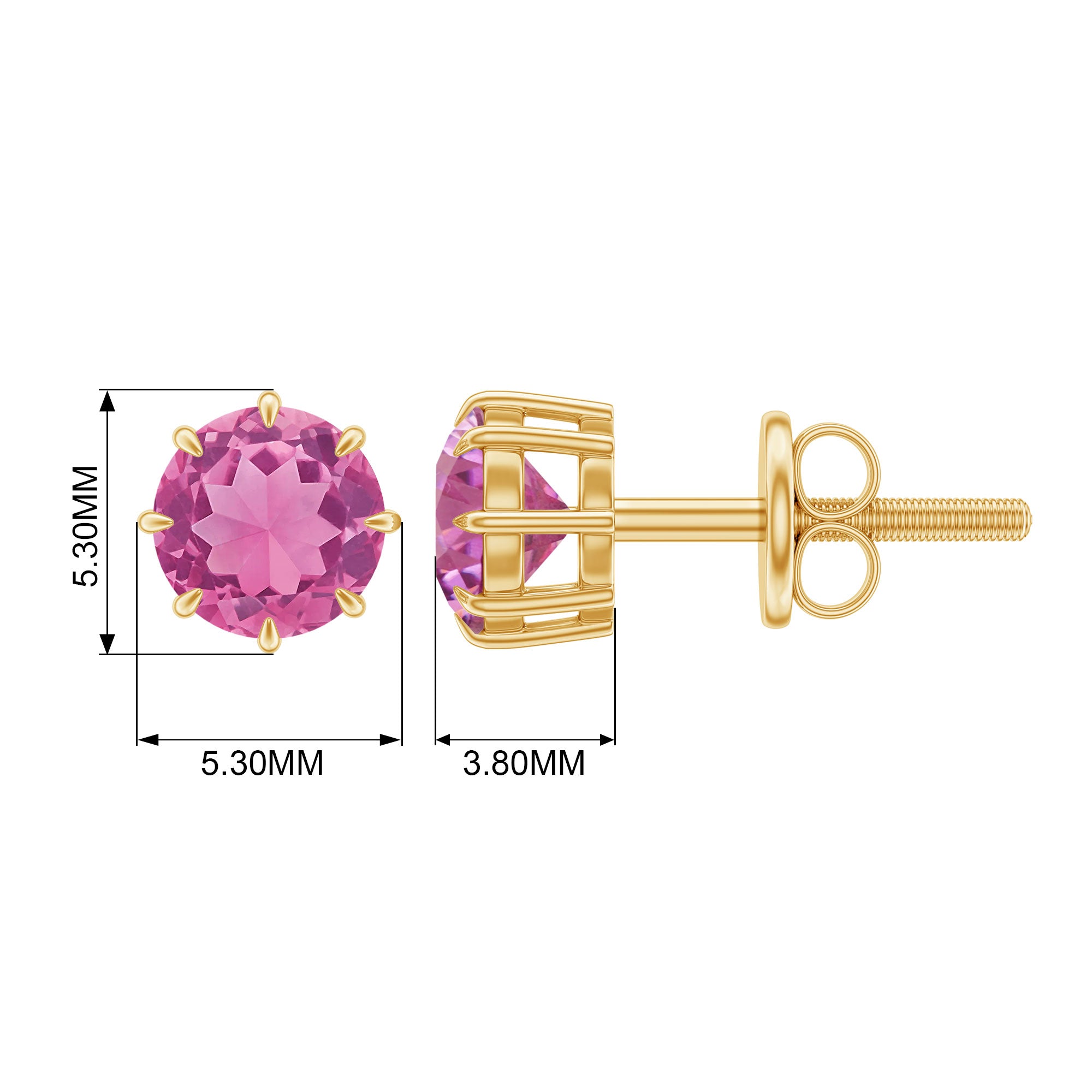 4.5 MM Natural Pink Tourmaline Solitaire Stud Earrings in 8 Claw Prong Setting Pink Tourmaline - ( AAA ) - Quality - Rosec Jewels