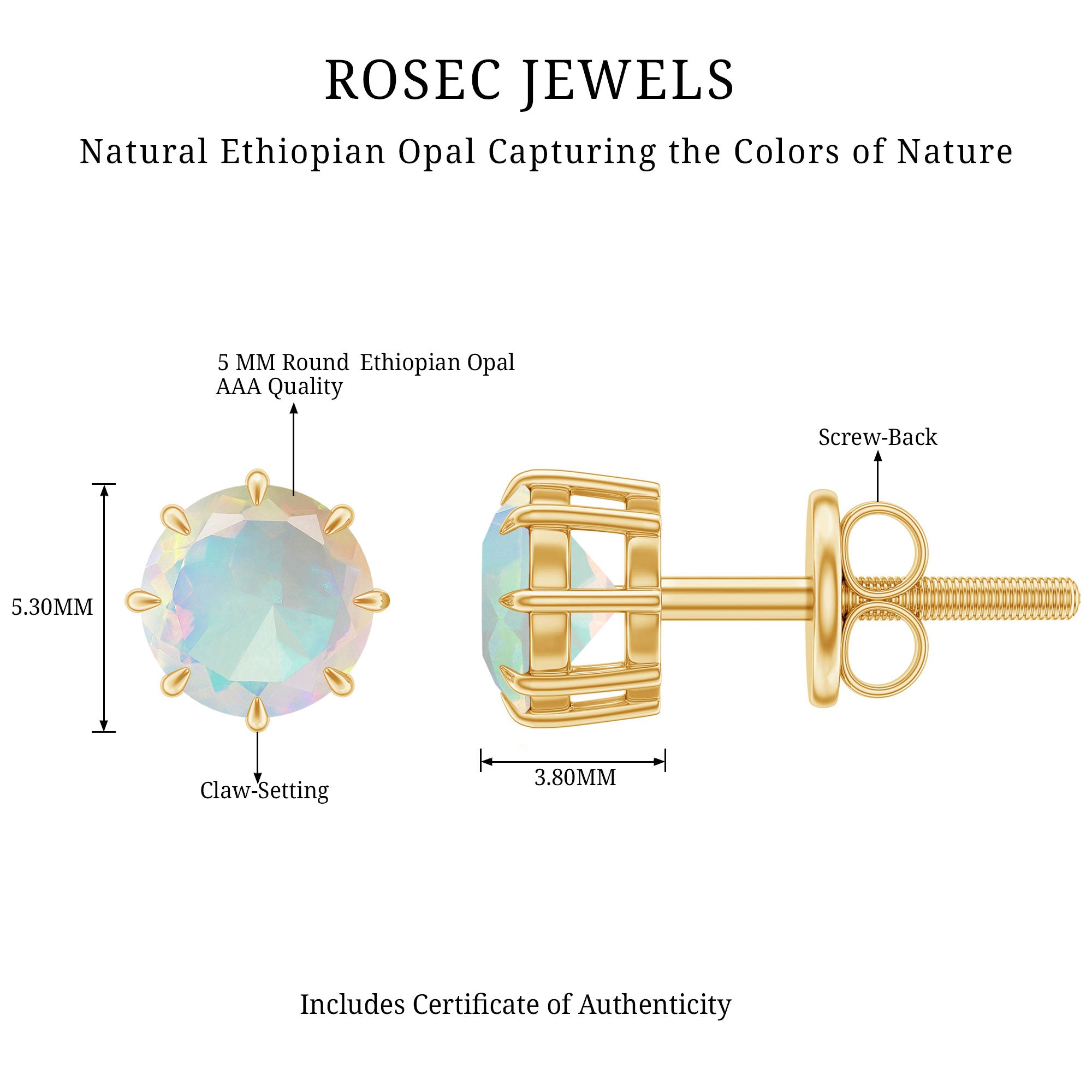 1 Carat Natural Ethiopian Opal Solitaire Stud Earrings AAA - Rosec Jewels