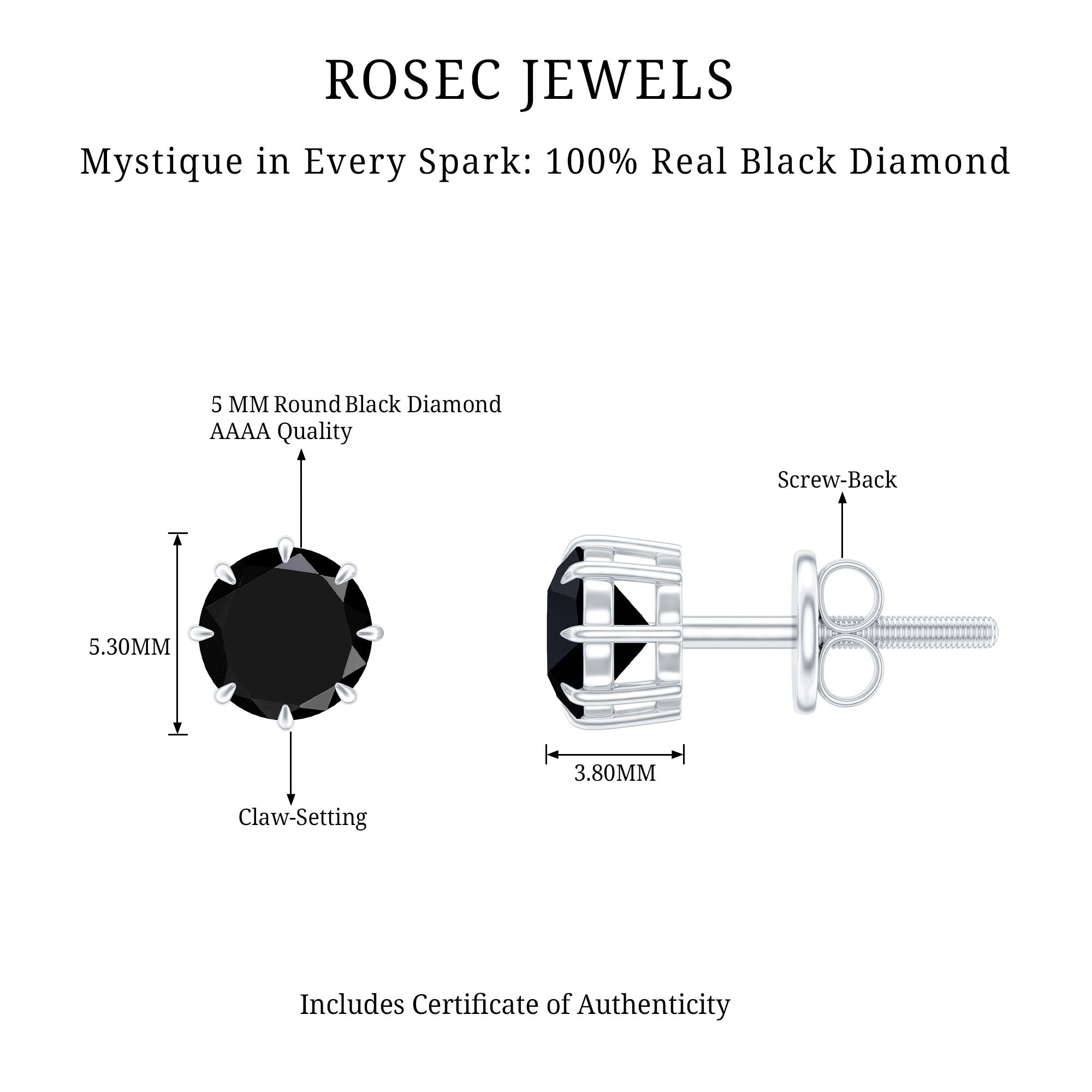 Solitaire 1.6 Carat Lab Created Black Diamond Stud Earrings AAAA ( Synthetic ) - Rosec Jewels