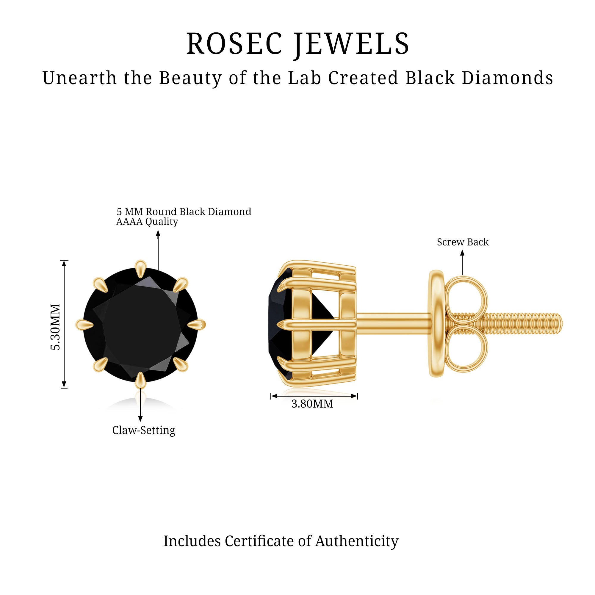 Solitaire 5MM Lab Created Black Diamond Stud Earrings AAAA ( Synthetic ) - Rosec Jewels