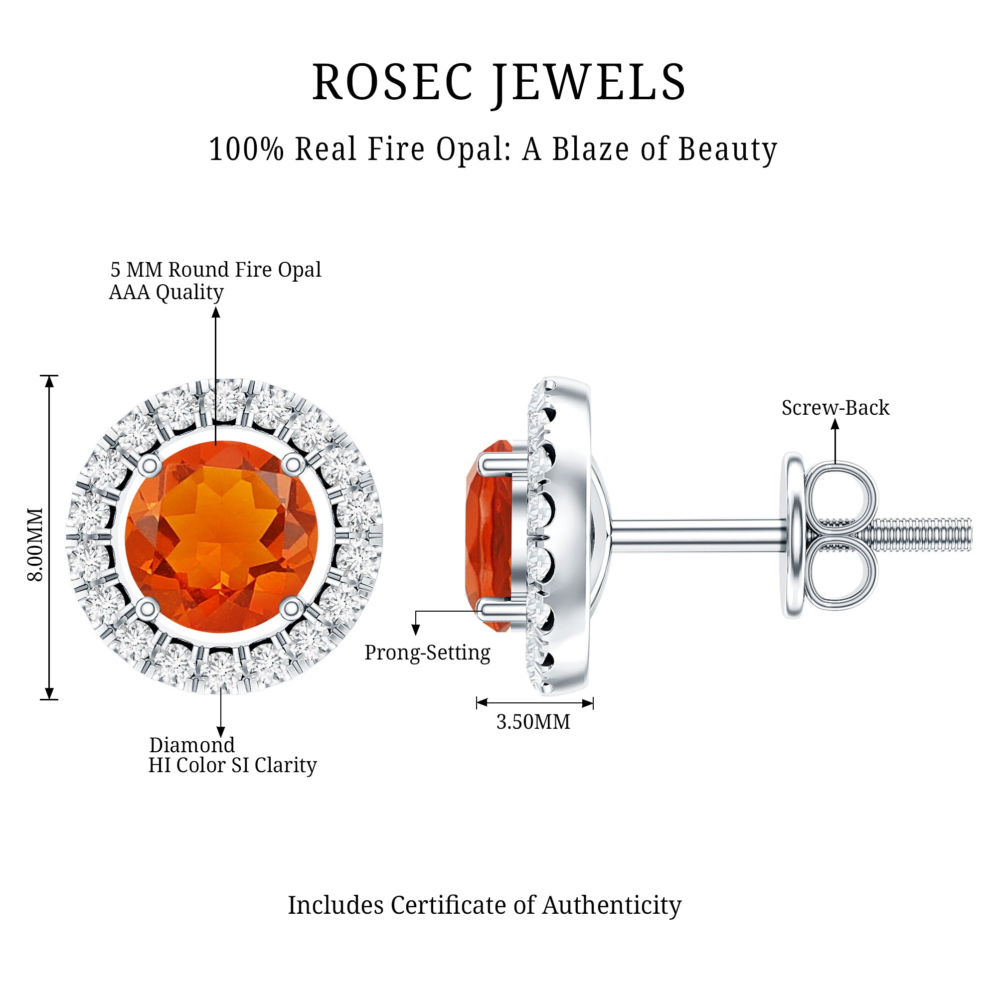Natural Orange Fire Opal Stud Earrings With Diamonds AAA - Rosec Jewels