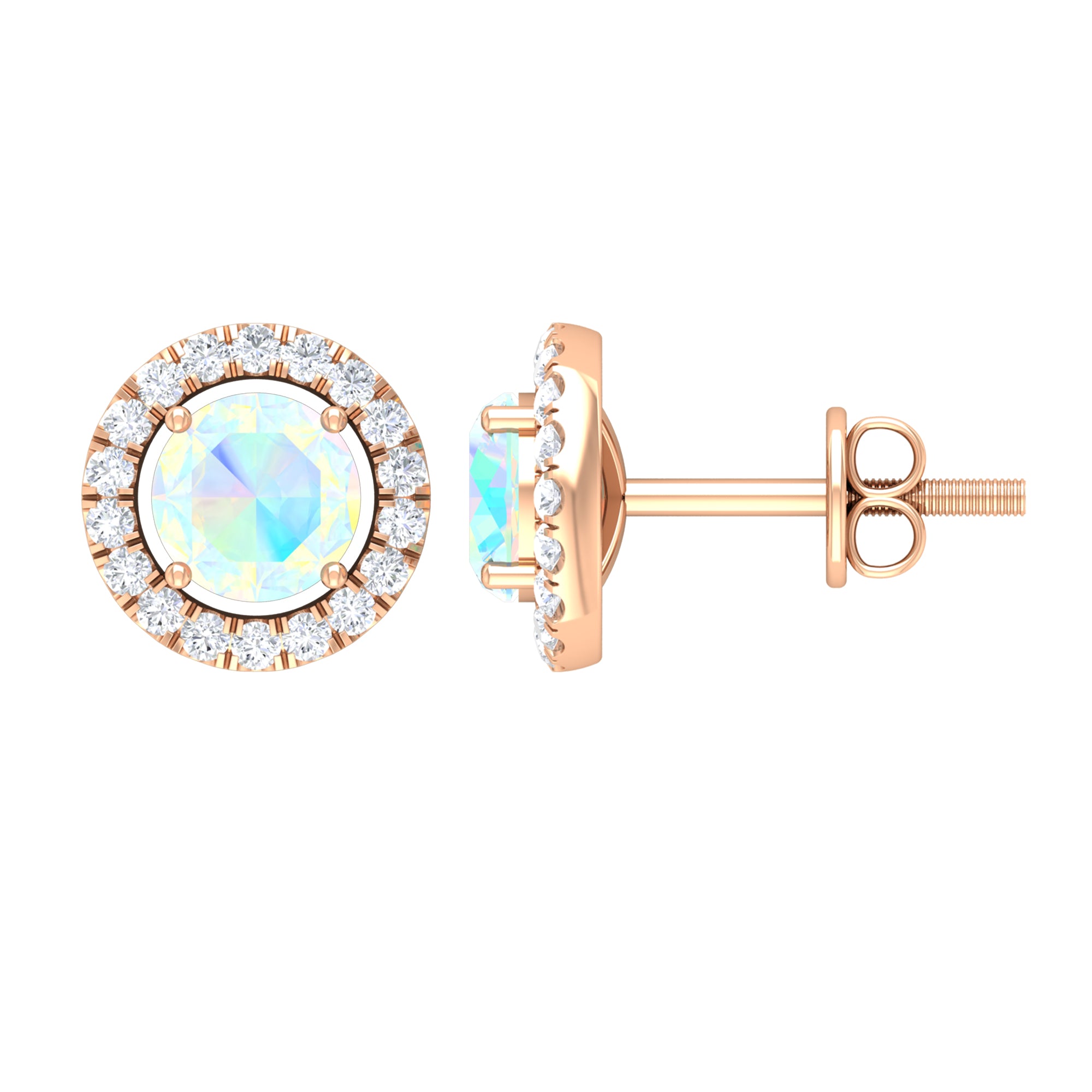 Round Ethiopian Opal and Diamond Halo Stud Earrings AAA - Rosec Jewels