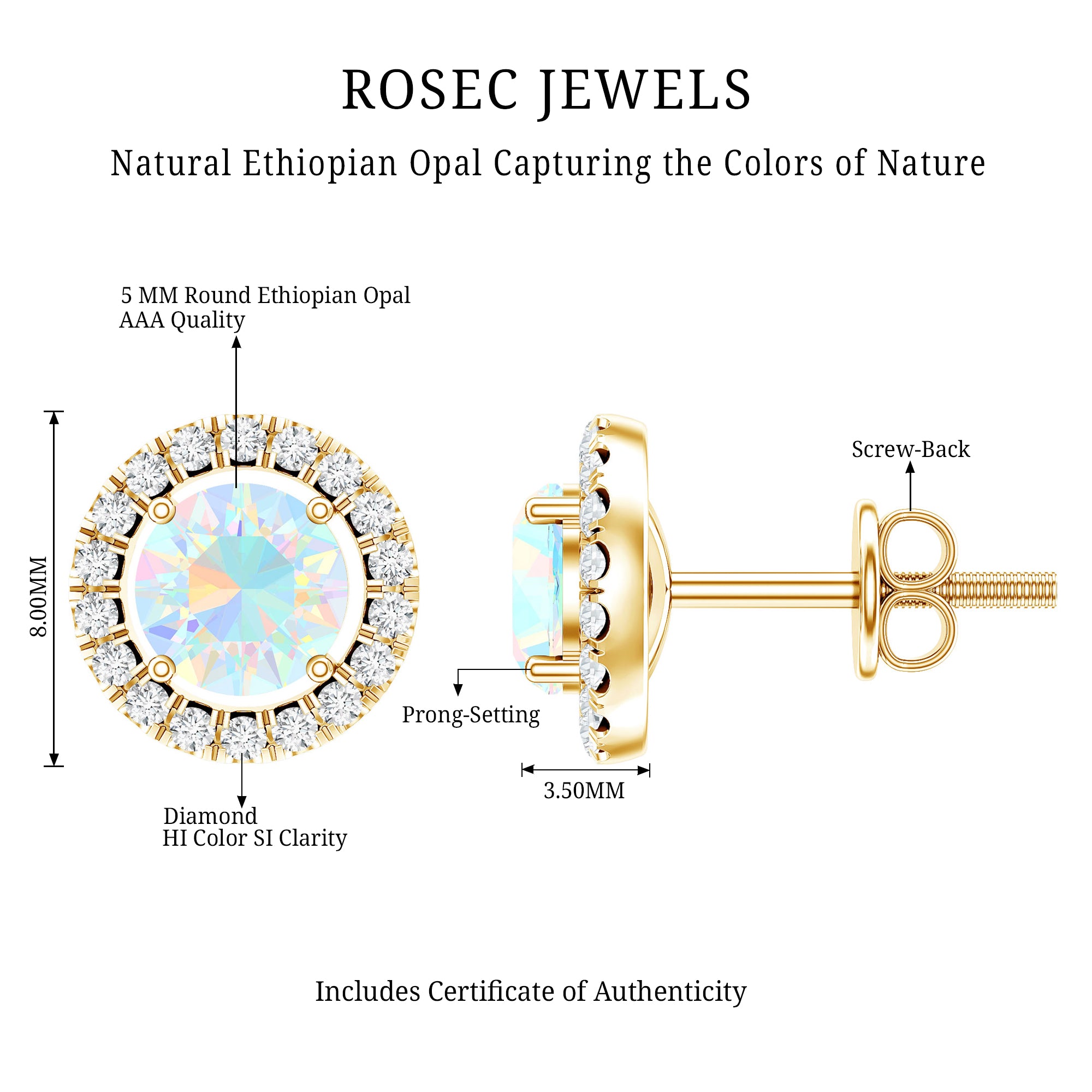 Round Ethiopian Opal and Diamond Halo Stud Earrings AAA - Rosec Jewels