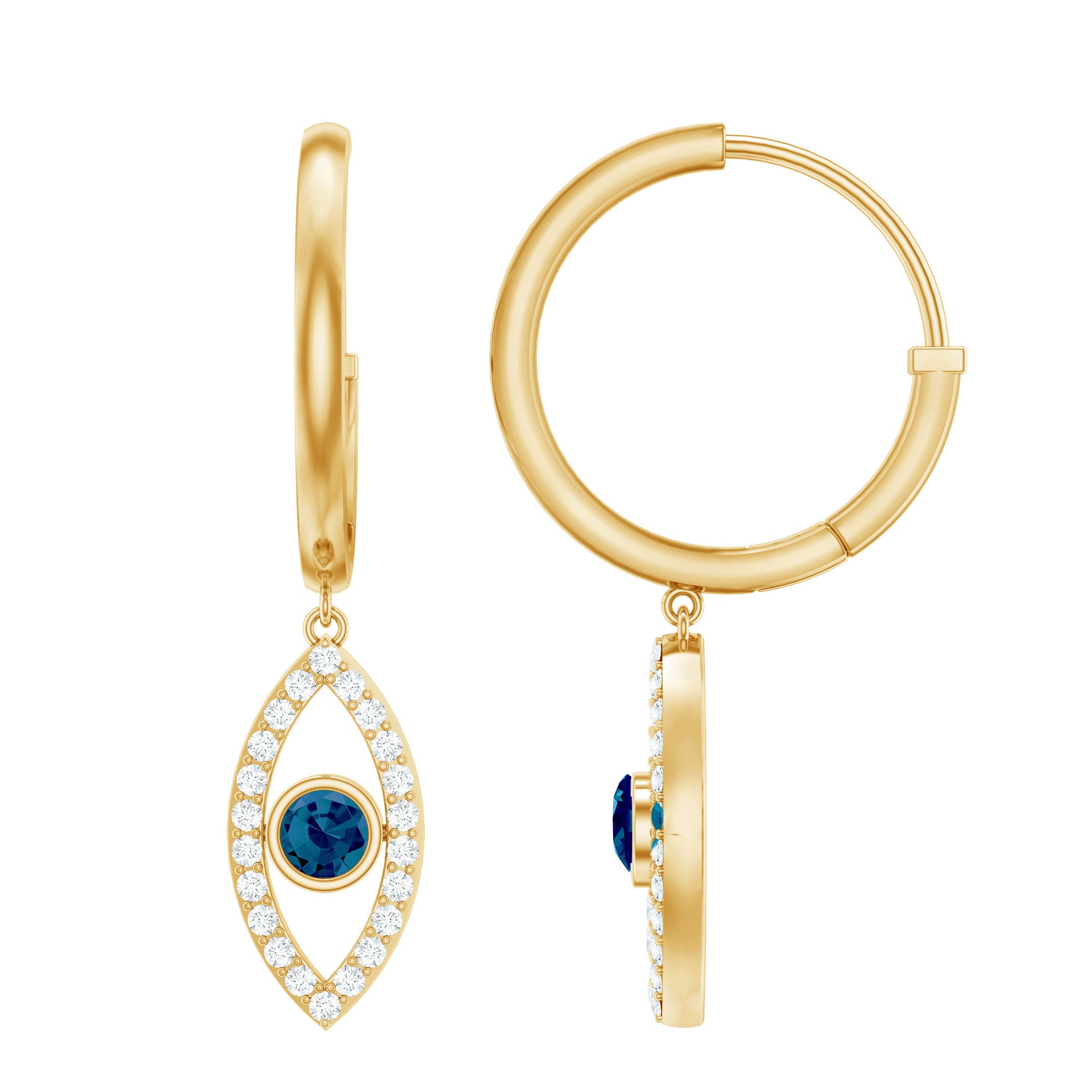 Real London Blue Topaz and Diamond Evil Eye Hoop Earrings AAA - Rosec Jewels