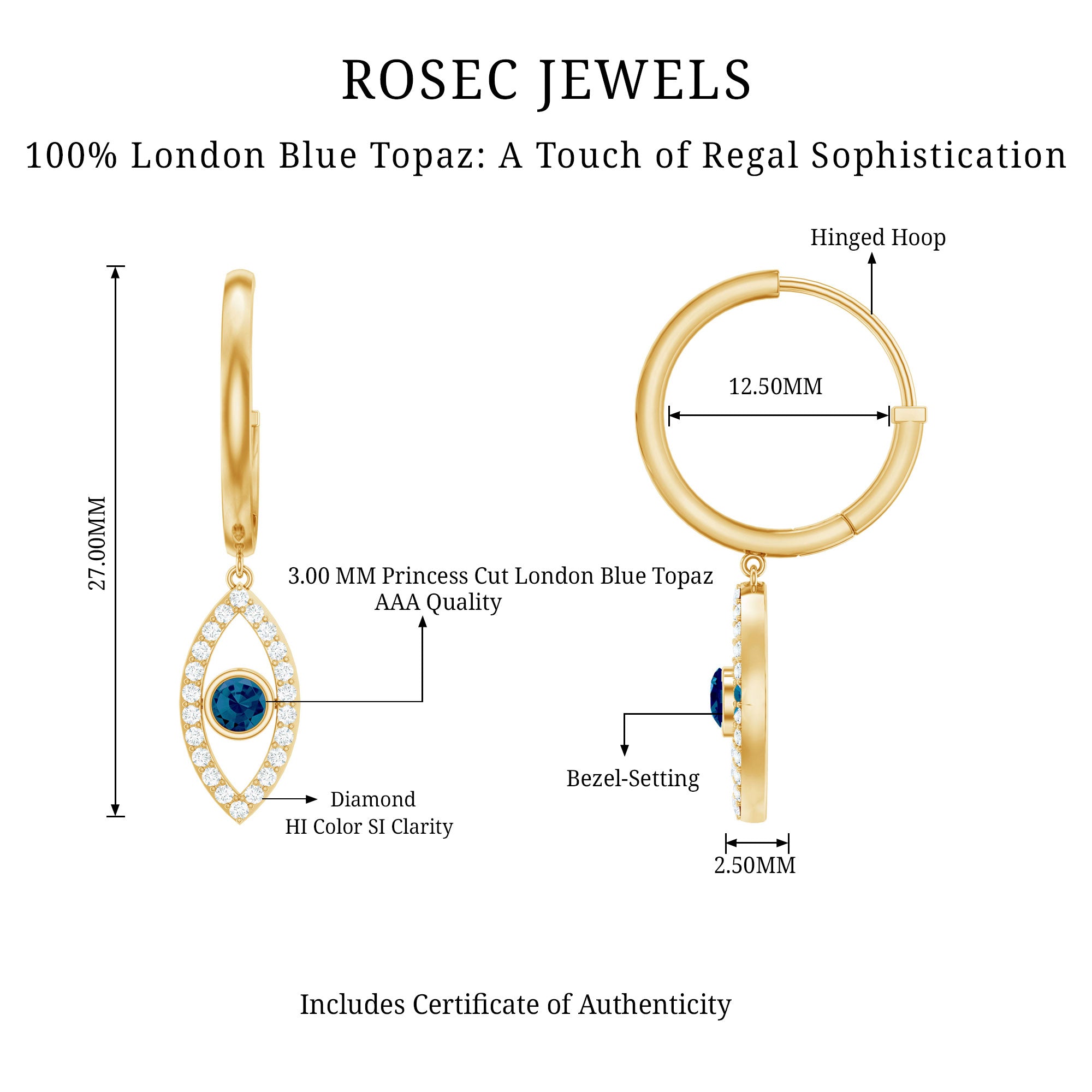 Real London Blue Topaz and Diamond Evil Eye Hoop Earrings AAA - Rosec Jewels