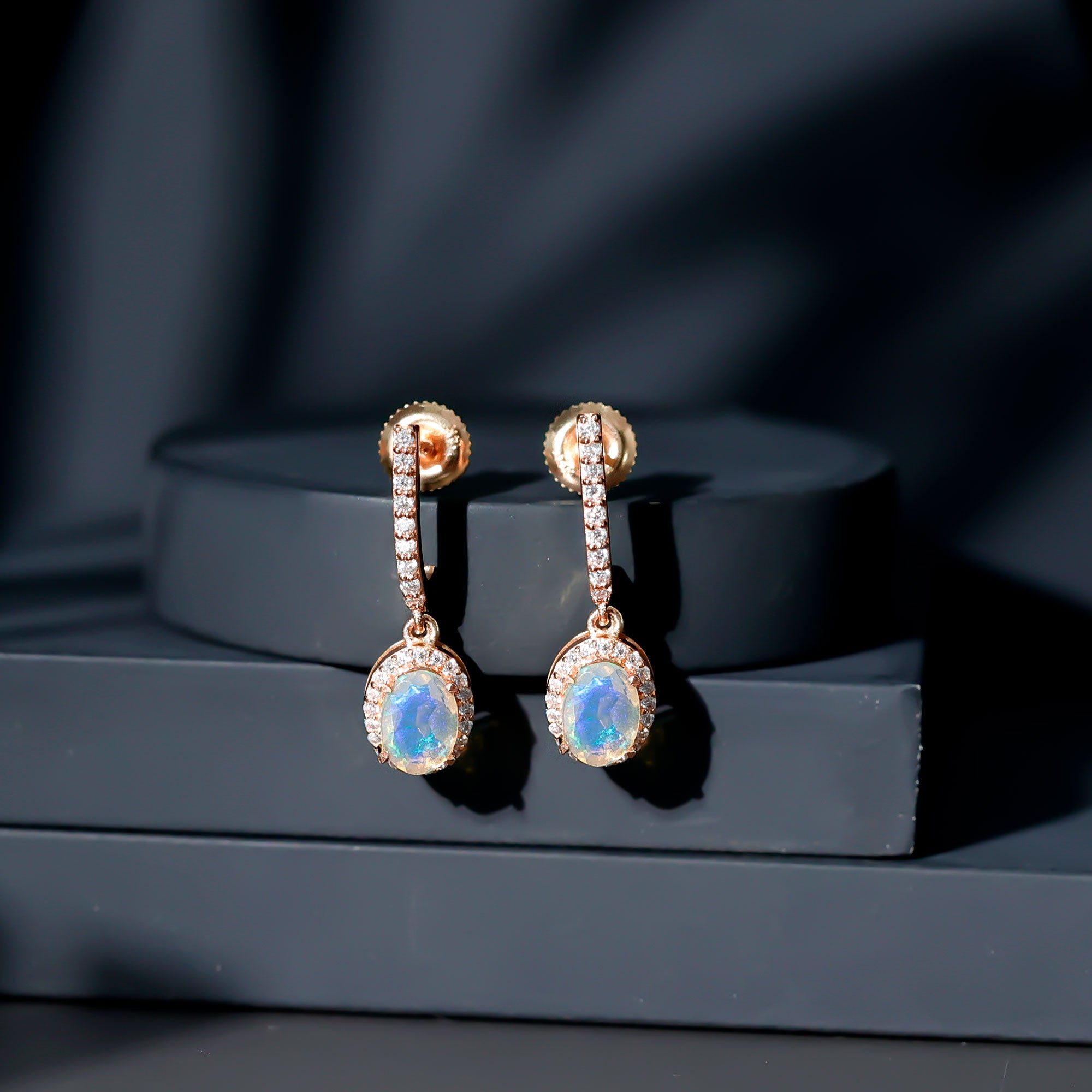 Natural Ethiopian Opal Hoop Drop Earrings with Diamond AAA - Rosec Jewels