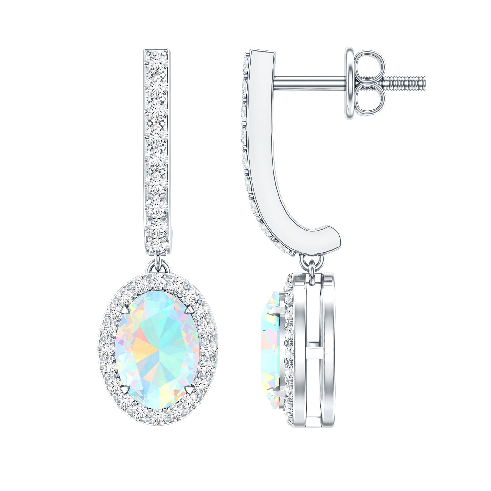 Natural Ethiopian Opal Hoop Drop Earrings with Diamond AAA - Rosec Jewels