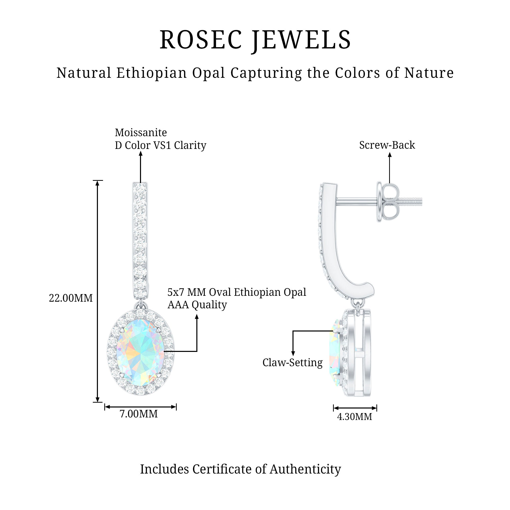 Natural Ethiopian Opal Hoop Drop Earrings with Diamond AAA - Rosec Jewels