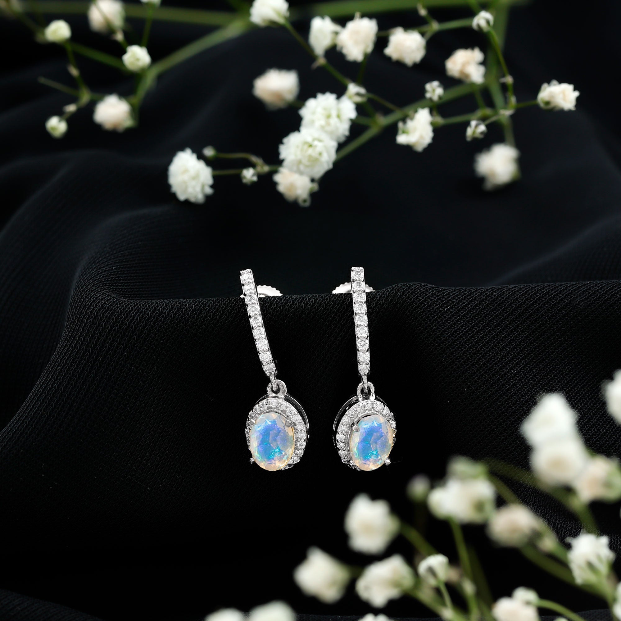 Natural Ethiopian Opal Hoop Drop Earrings with Diamond AAA - Rosec Jewels