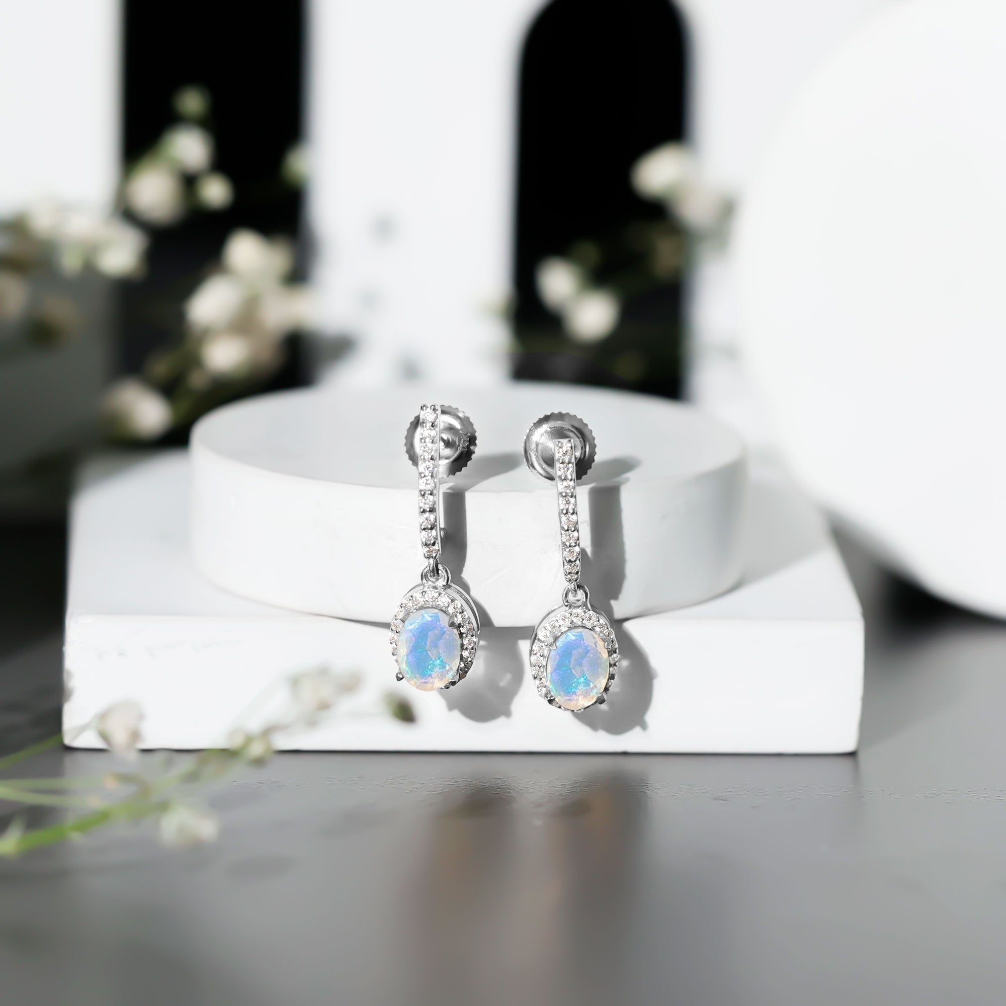 Natural Ethiopian Opal Hoop Drop Earrings with Diamond AAA - Rosec Jewels
