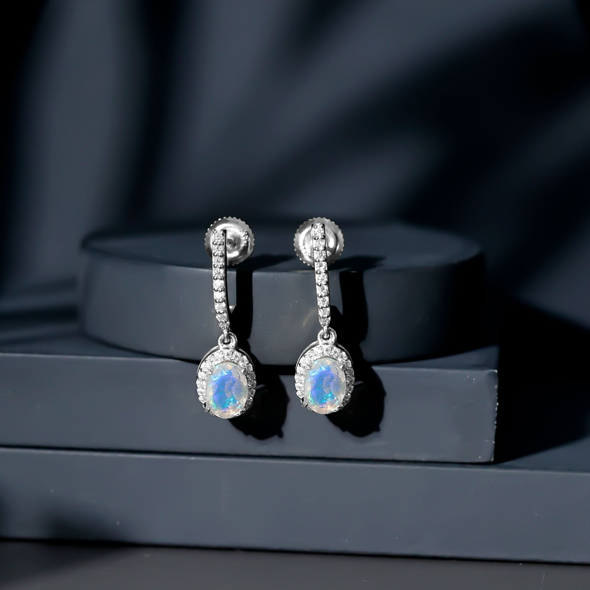 Natural Ethiopian Opal Hoop Drop Earrings with Diamond AAA - Rosec Jewels