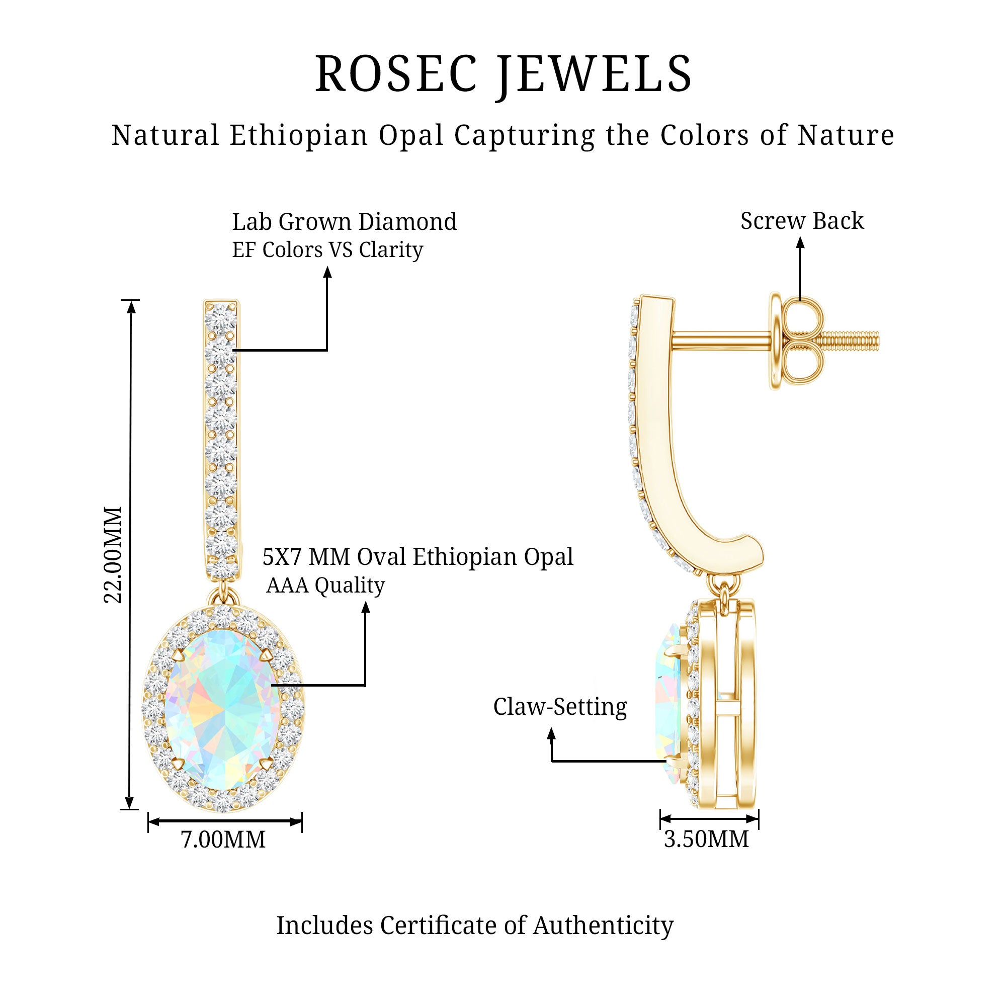 Natural Ethiopian Opal Hoop Drop Earrings with Diamond AAA - Rosec Jewels