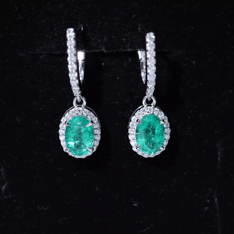 Oval Shape Emerald Hoop Drop Earrings with Diamond Halo AAA - Rosec Jewels