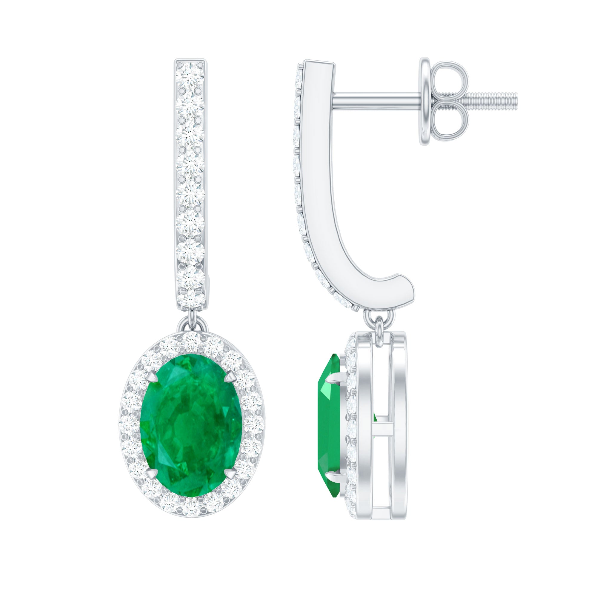 Oval Shape Emerald Hoop Drop Earrings with Diamond Halo AAA - Rosec Jewels