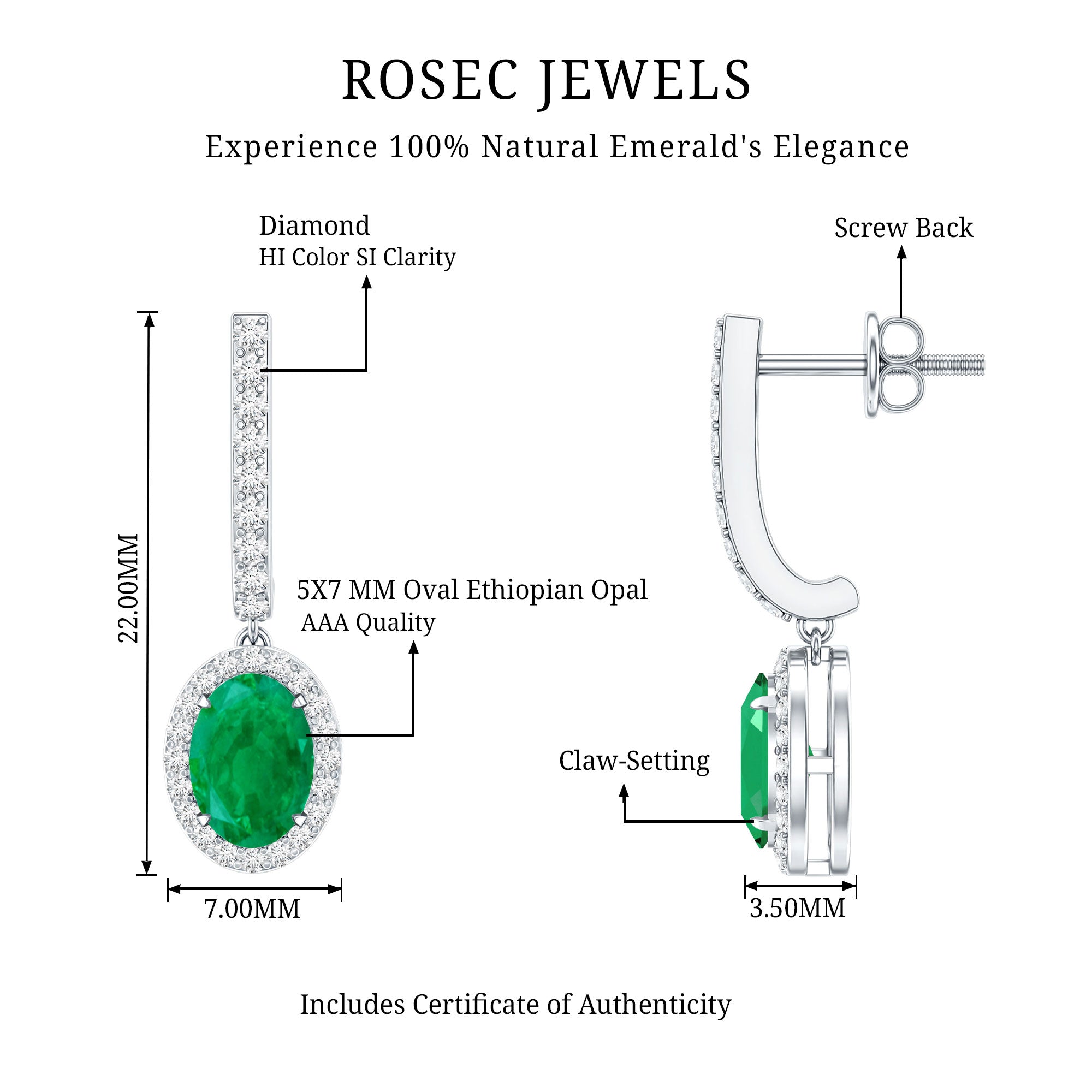 Oval Shape Emerald Hoop Drop Earrings with Diamond Halo AAA - Rosec Jewels